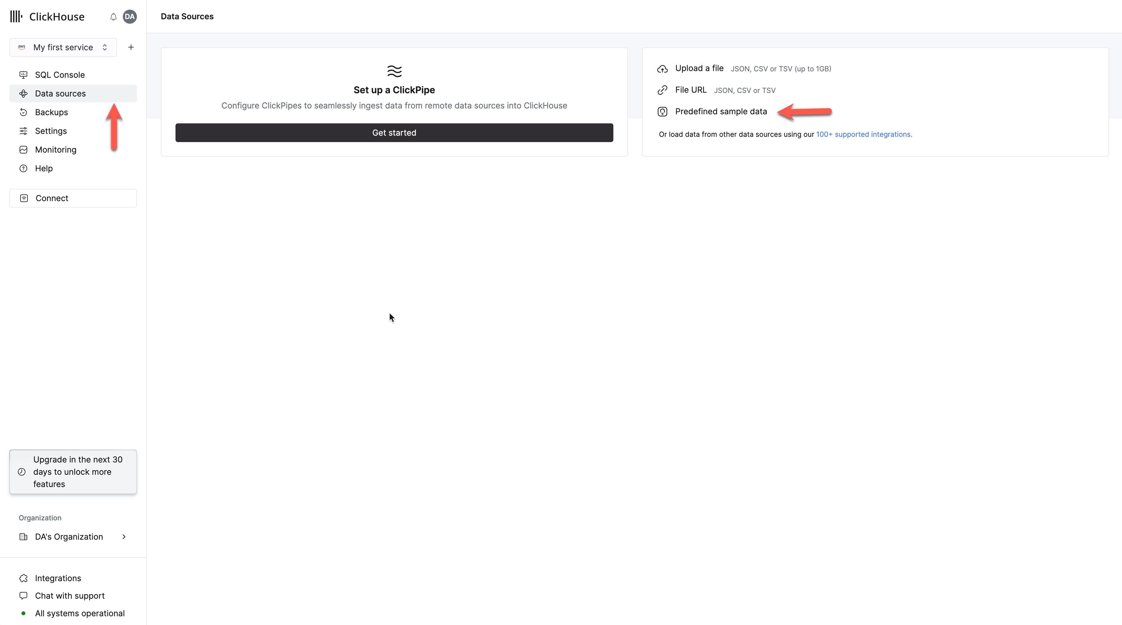Data sources 및 Predefined sample data 옵션이 표시된 ClickHouse Cloud 서비스 작업 메뉴