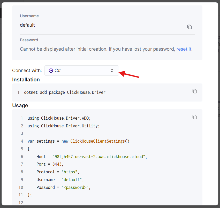 Detalhes da conexão do ClickHouse Cloud para C#