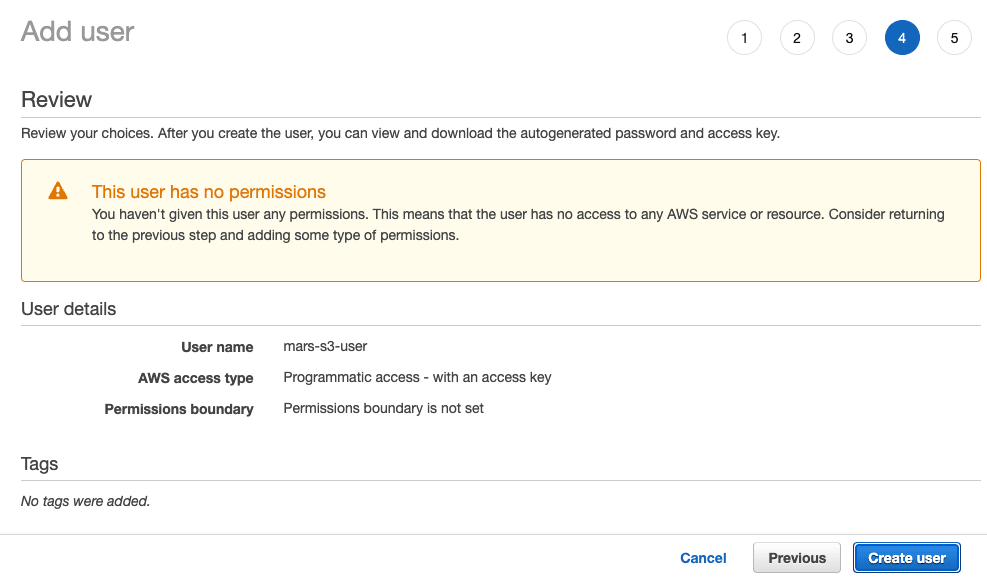 Creating the IAM user with no permissions warning