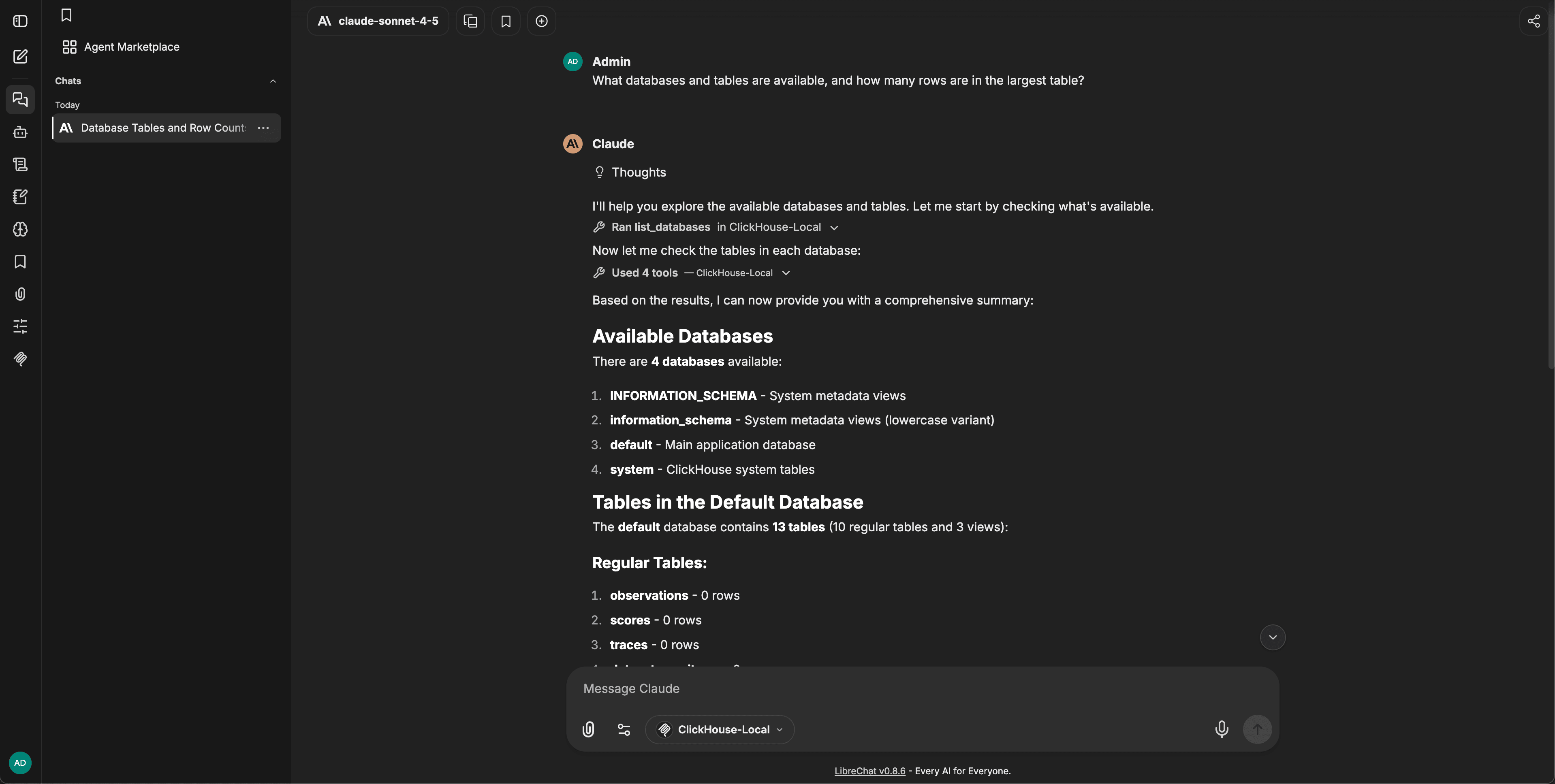 LibreChat répondant à la question d'exemple en appelant les outils MCP ClickHouse-Local et en listant les bases de données et tables disponibles