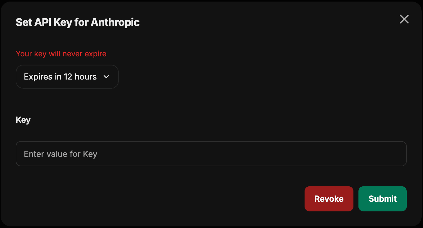 La boîte de dialogue Set API Key for Anthropic avec une liste déroulante pour l'expiration, un champ Key, et les boutons Submit et Revoke