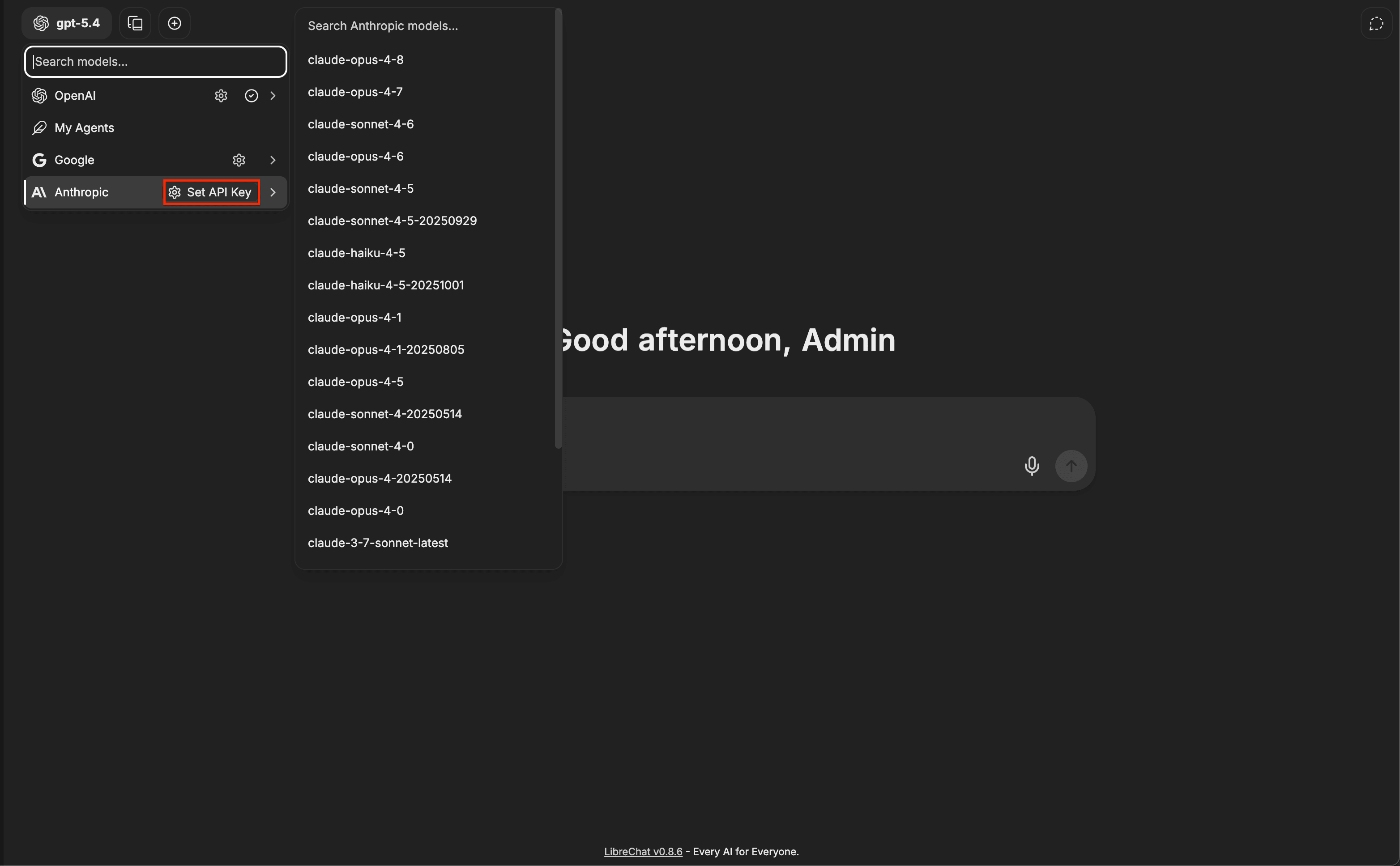 Le sélecteur de modèles de LibreChat avec le bouton Set API Key à côté du fournisseur Anthropic
