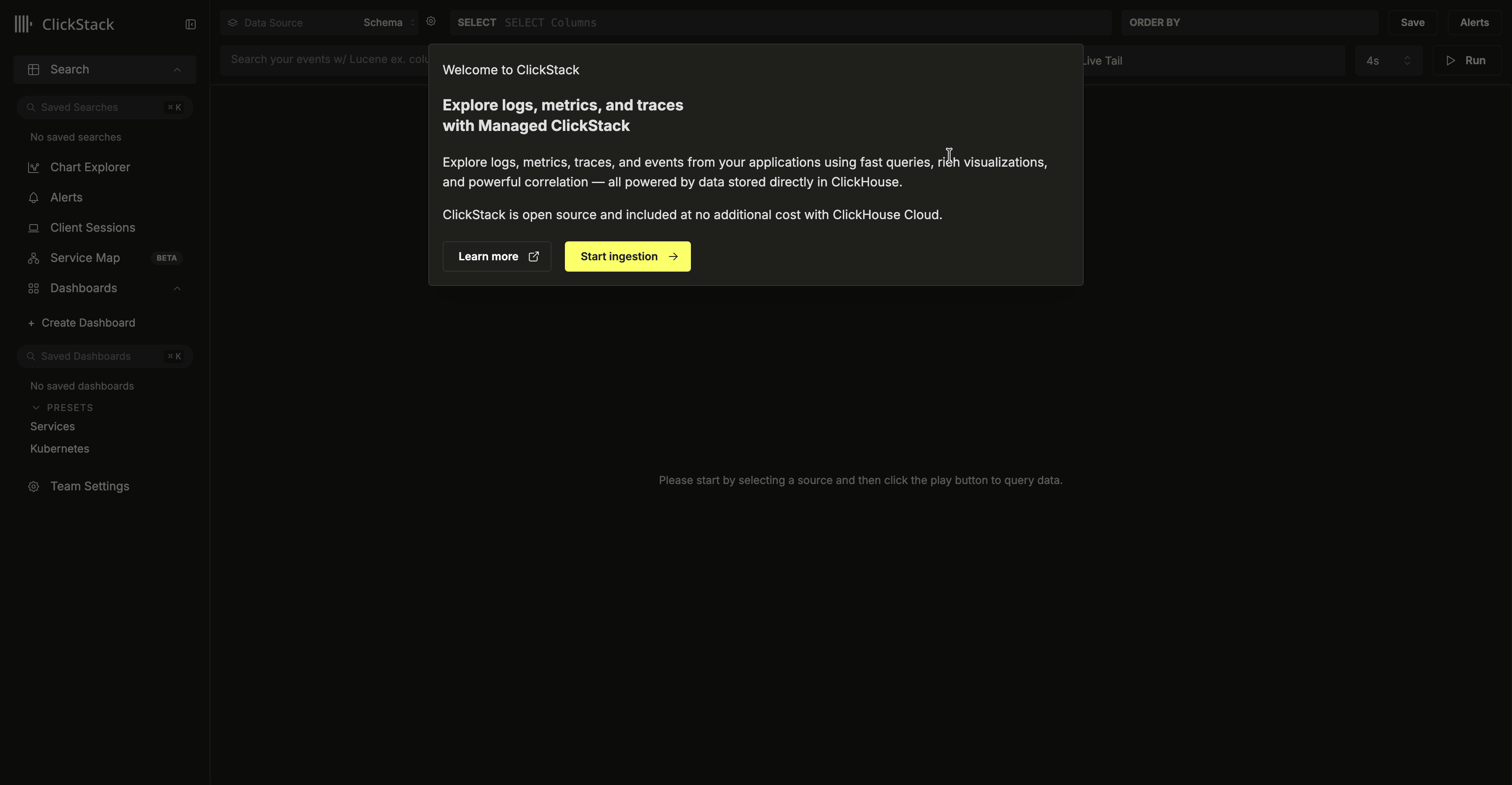ClickStack UI setup ingestion
