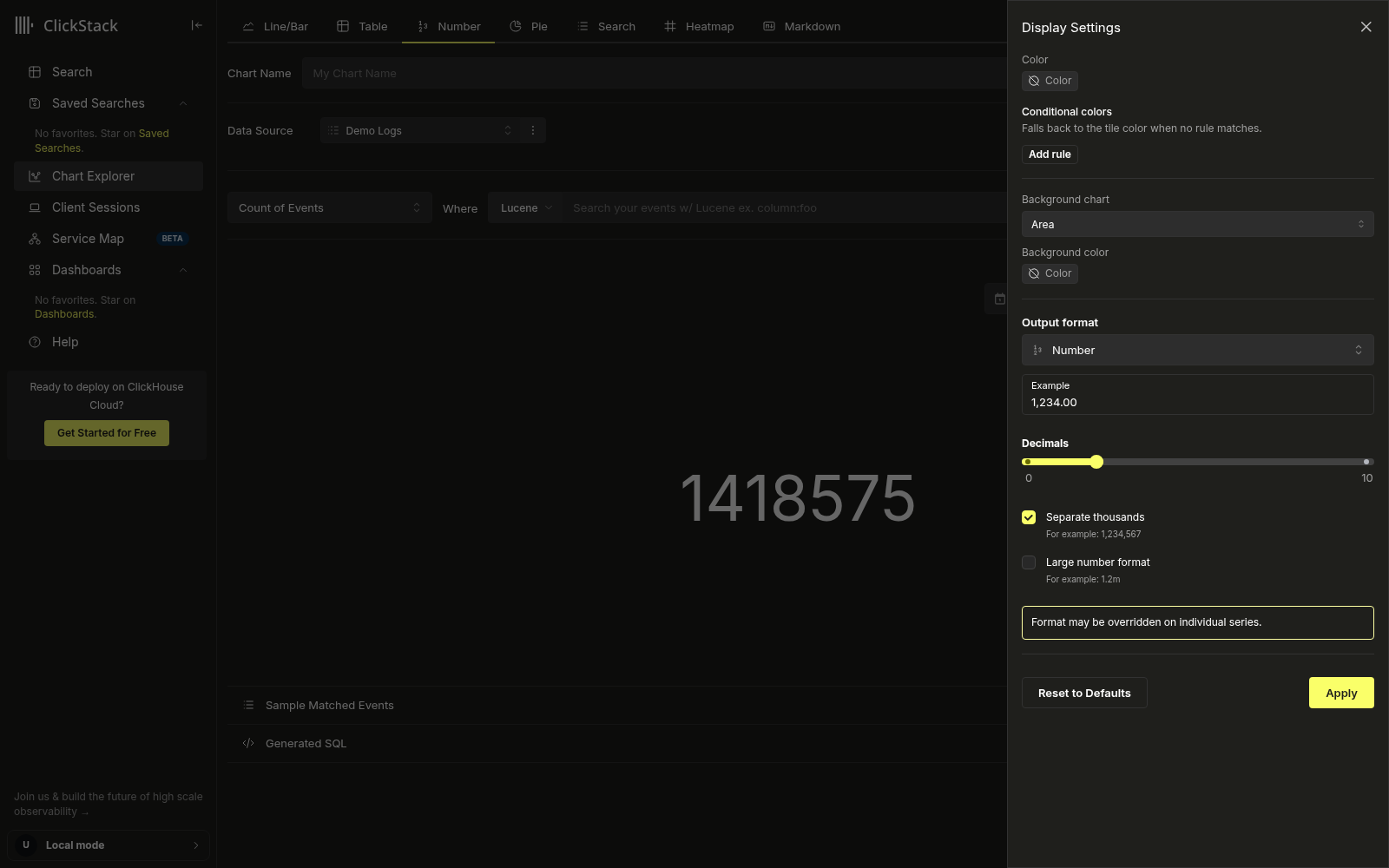 숫자 타일의 표시 설정 드로어에서 Background chart가 Area로 설정된 상태