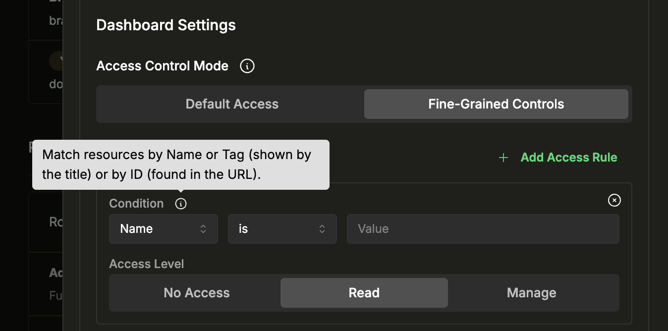 Condition tooltip: match resources by Name or Tag (shown by the title) or by ID (found in the URL)