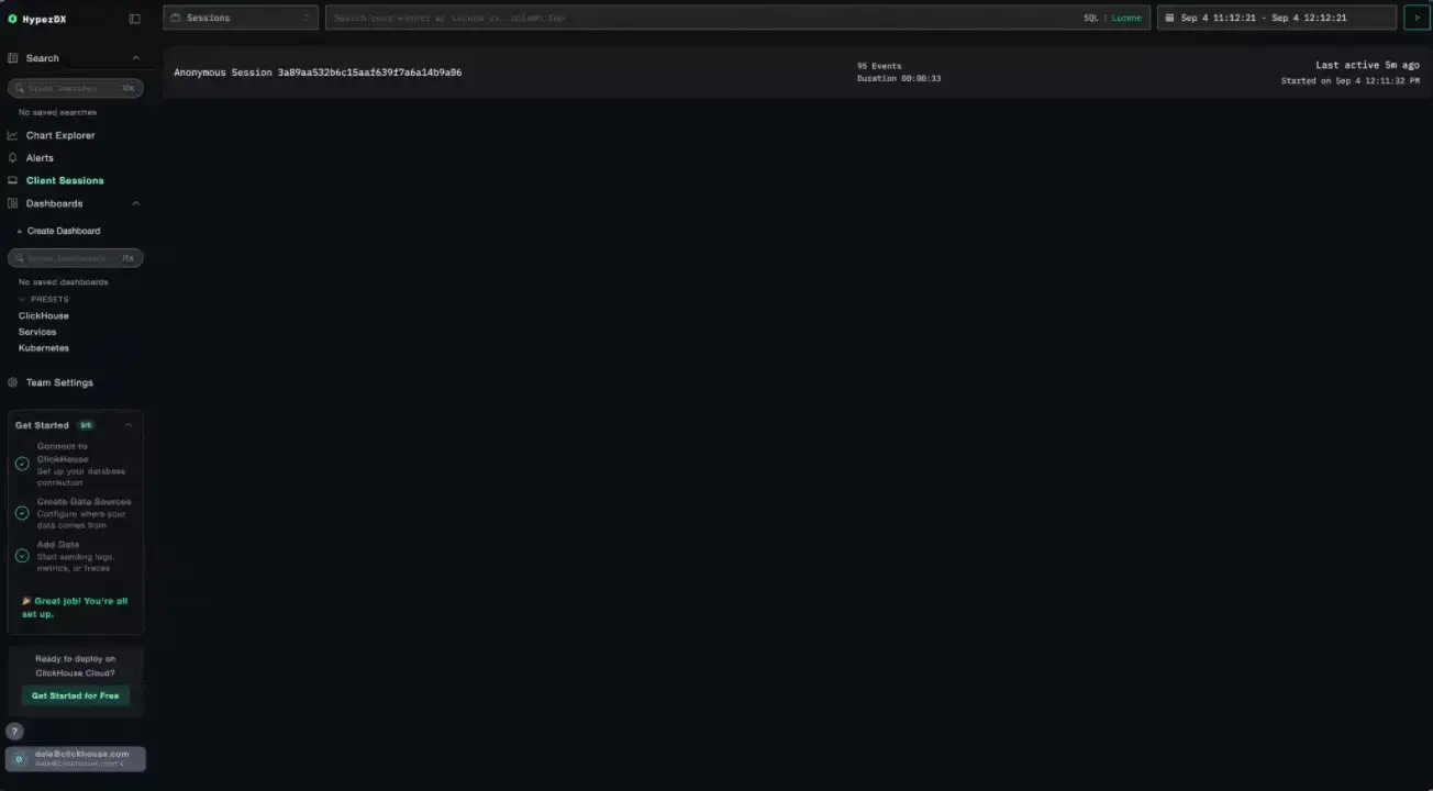 Drilling from a session replay into backend traces in ClickStack