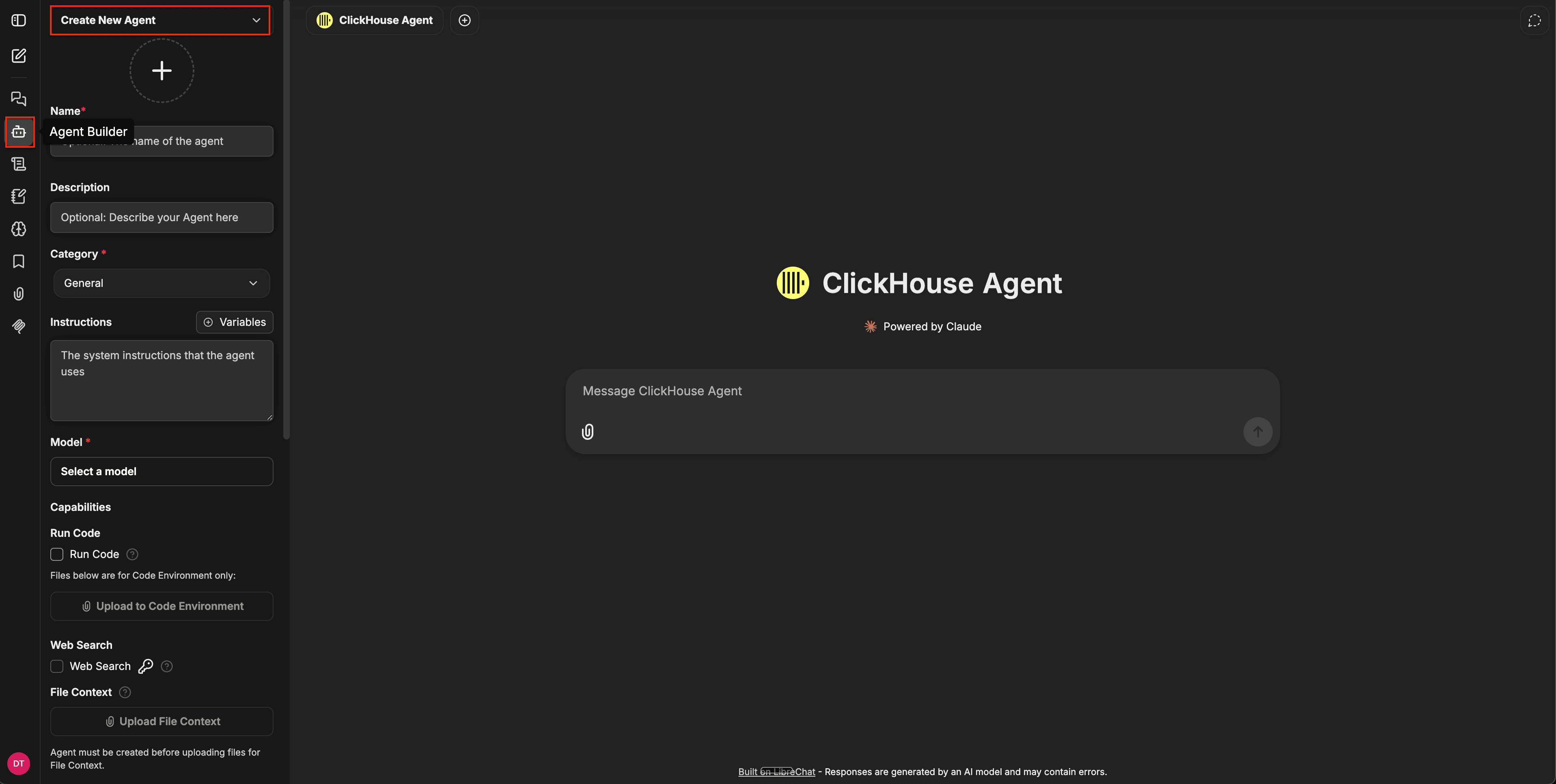 Панель Конструктора агентов с выпадающим списком Create New Agent, полями формы (Name, Description, Category, Instructions, Model) и разделом Capabilities