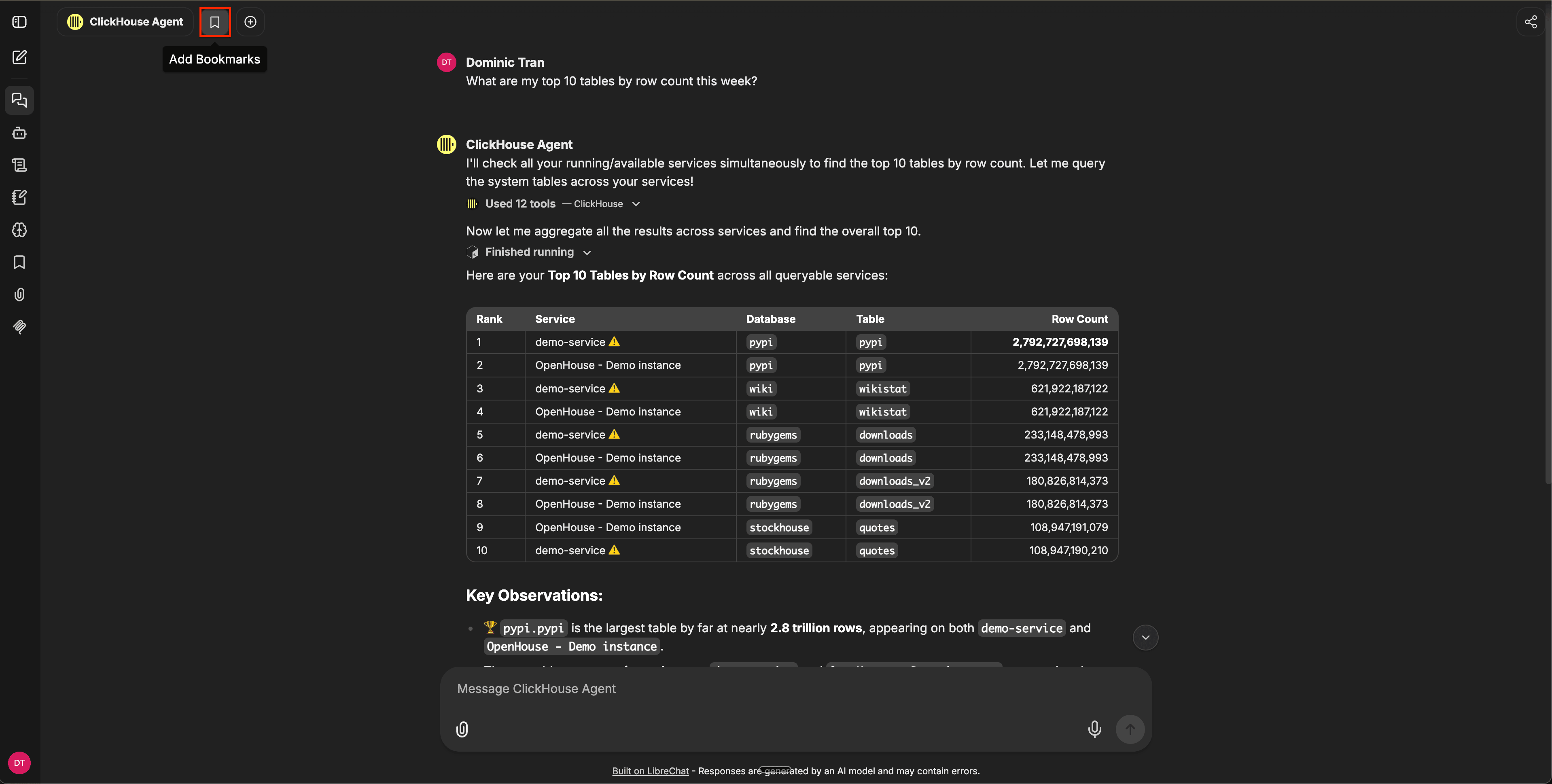 Encabezado del chat con el icono de marcador resaltado y un tooltip de Add Bookmarks visible