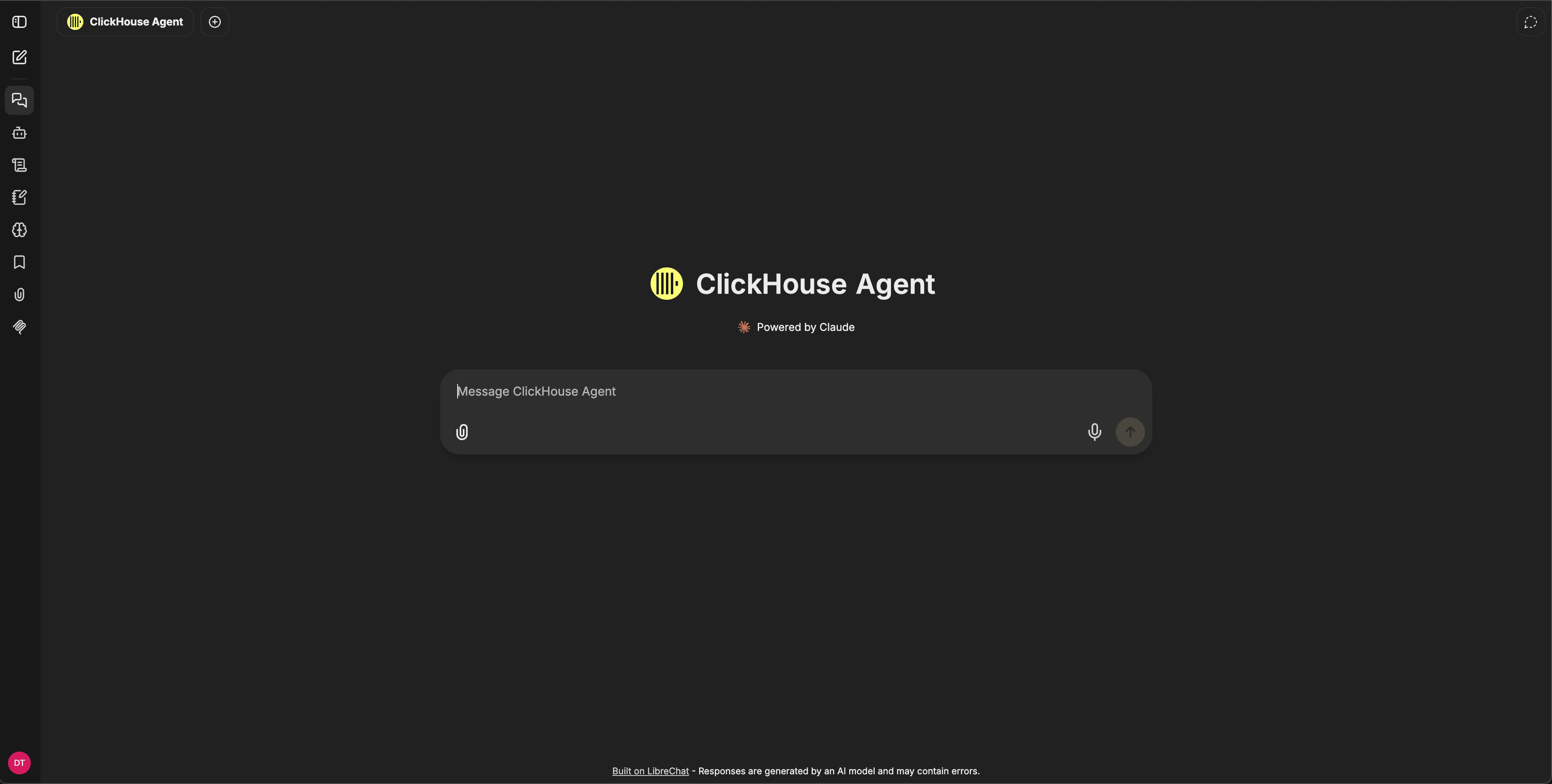 Interfaz de chat de ClickHouse Agent que muestra la barra de navegación izquierda, el encabezado de identidad del agente y el cuadro de redacción