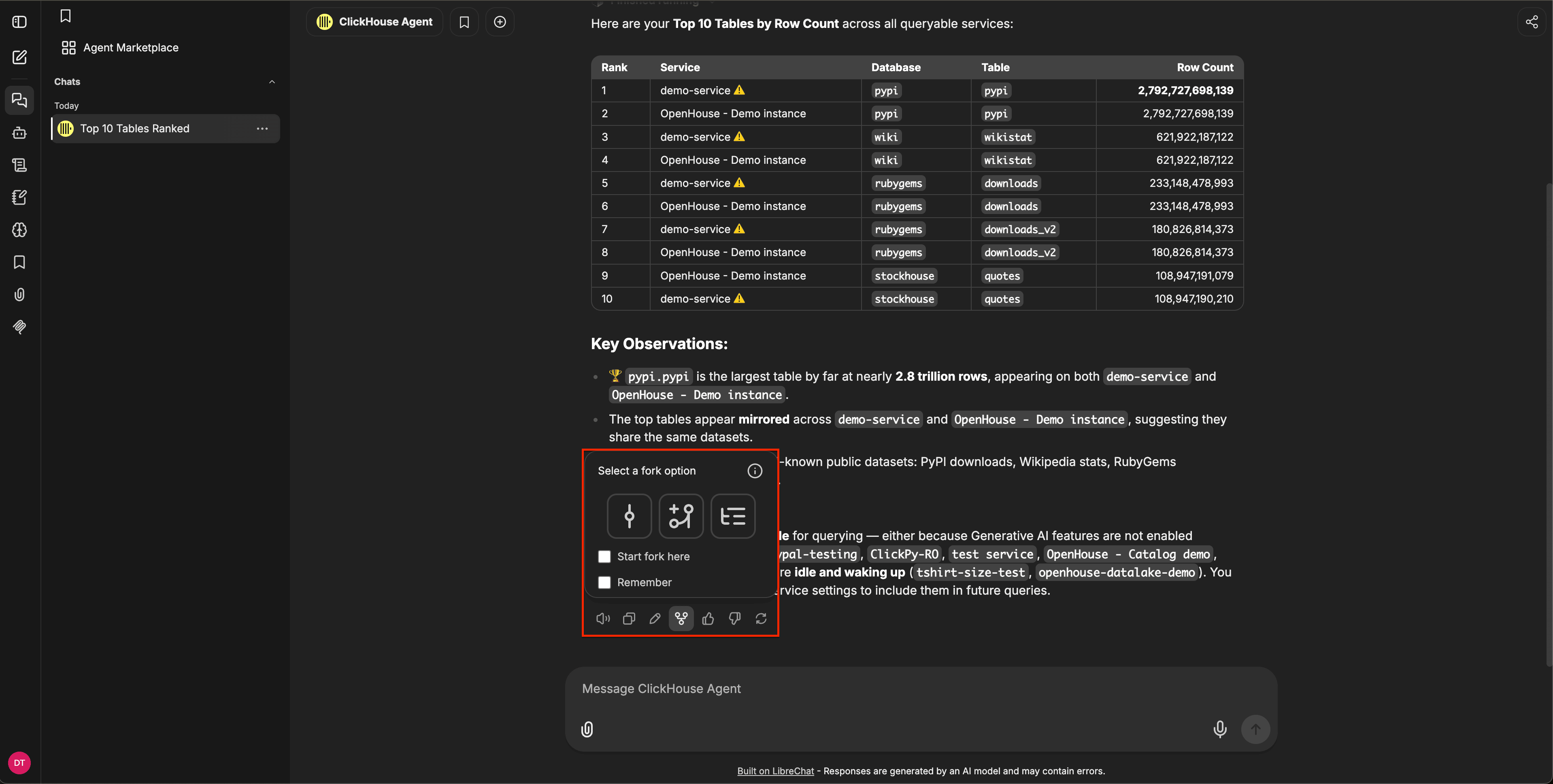 Cuadro de diálogo para seleccionar una opción de bifurcación que muestra tres iconos de modo de bifurcación, las casillas Start fork here y Remember, y la barra de herramientas de acciones del mensaje debajo