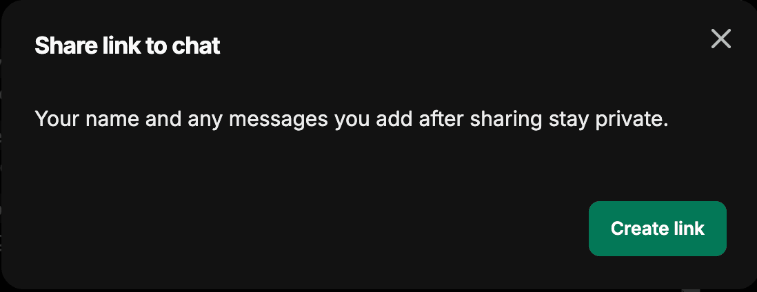 Cuadro de diálogo Share link to chat con el botón Create link y una nota de que tu nombre y cualquier mensaje añadido después de compartir permanecen privados