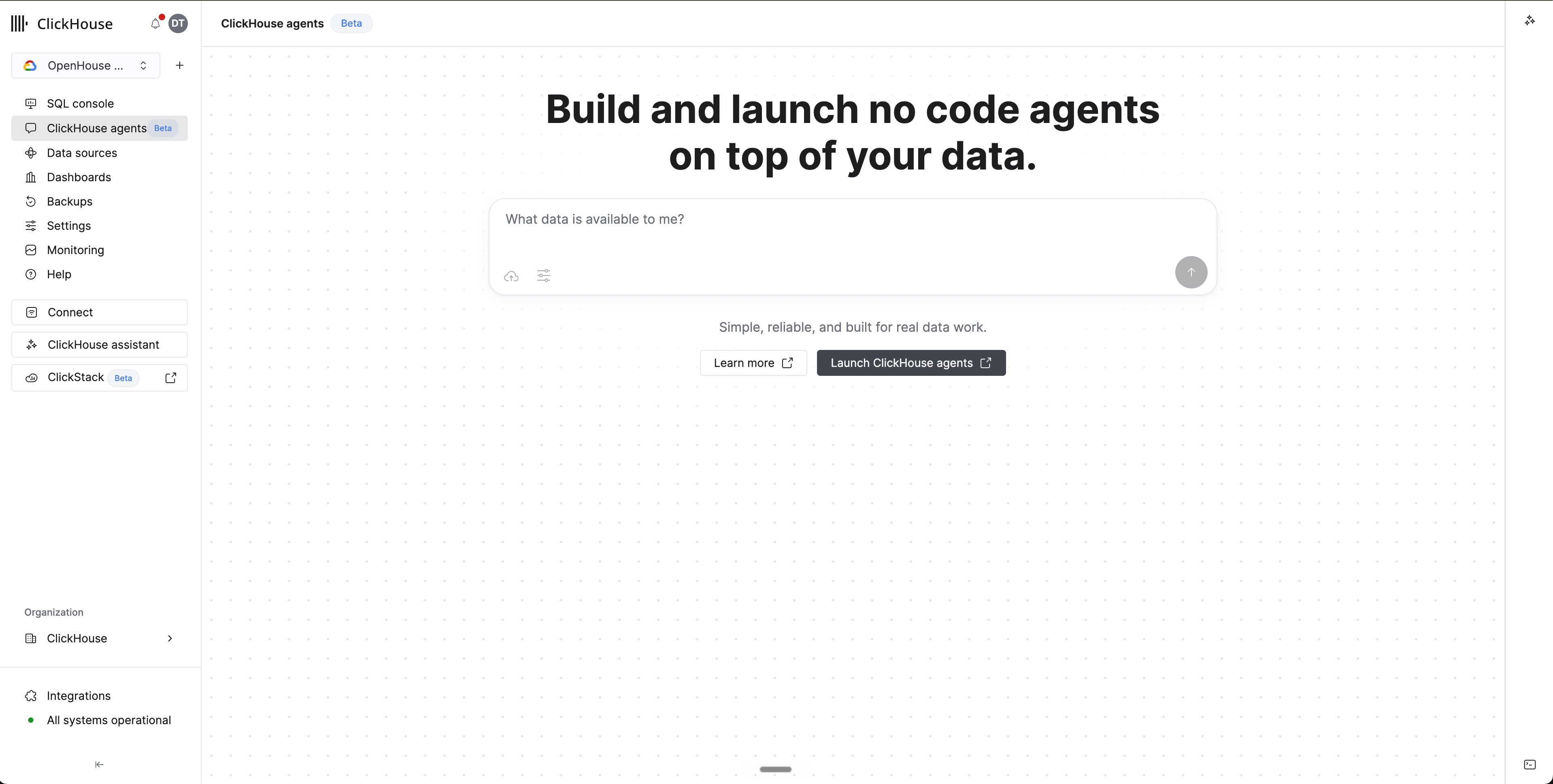 Навигация сервиса Cloud с выбранным пунктом ClickHouse agents (бета), где показана стартовая страница с кнопкой Launch ClickHouse agents