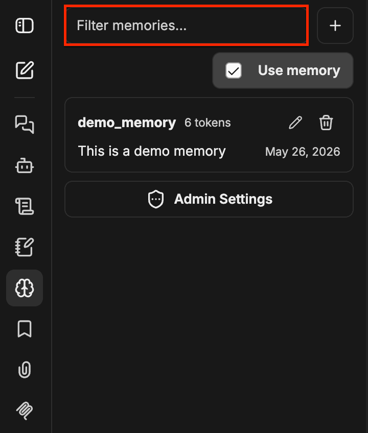 Panneau Memory avec le champ Filter memories mis en évidence et « demo » saisi