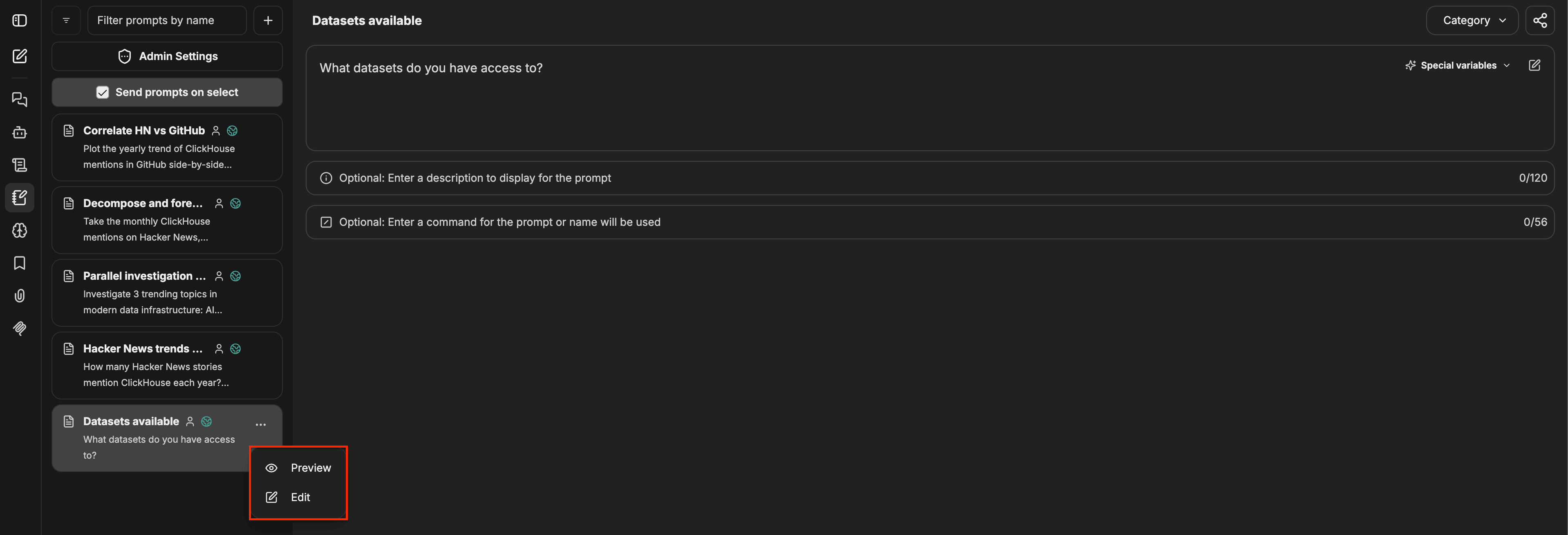 Panel de Prompts con un prompt seleccionado, sus detalles visibles a la derecha y un menú contextual que muestra las opciones Preview y Edit