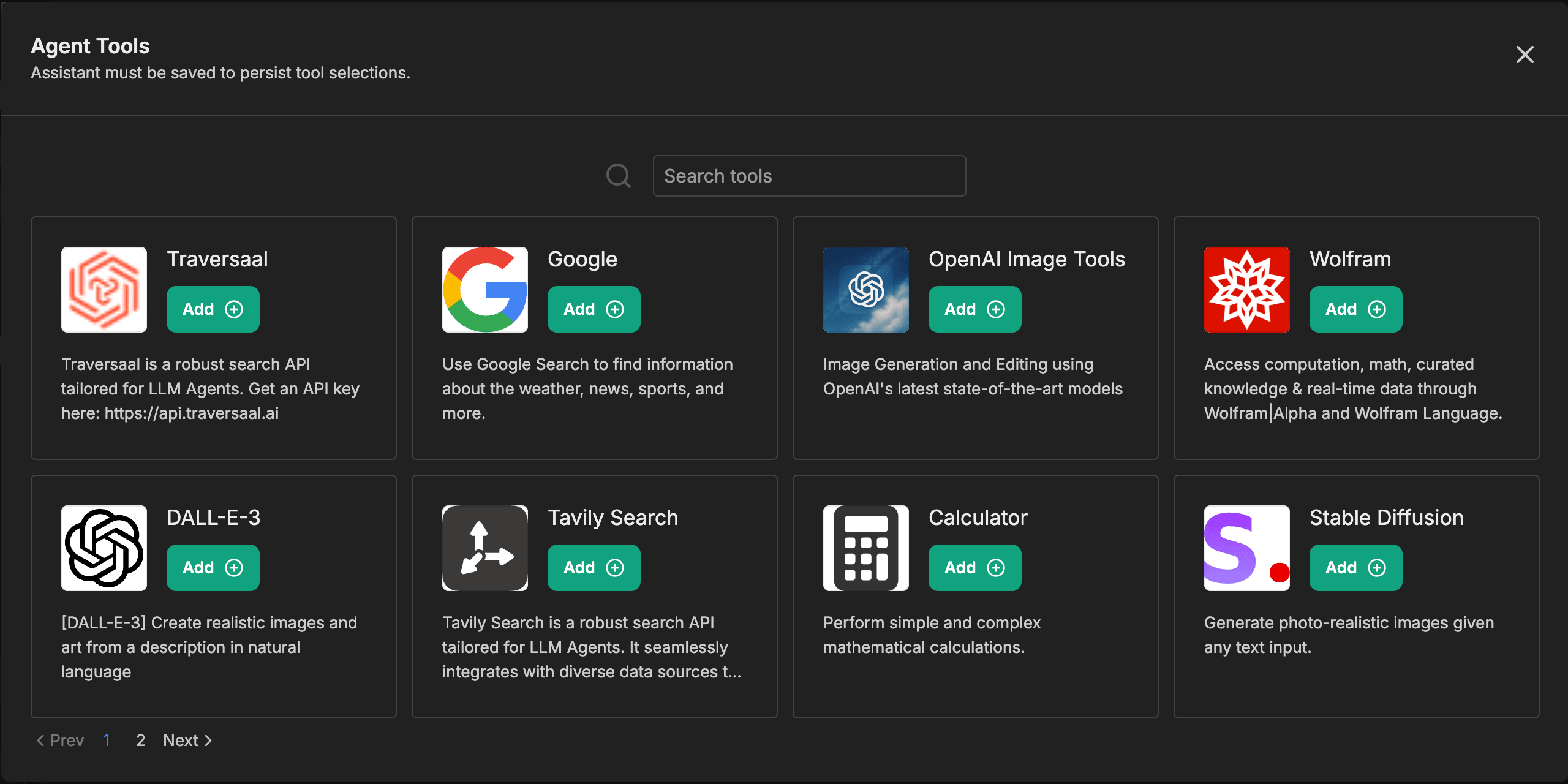 Модальное окно Agent Tools с сеткой сторонних интеграций, включая Google, OpenAI Image Tools, Wolfram, DALL-E-3, Tavily Search, Calculator и Stable Diffusion