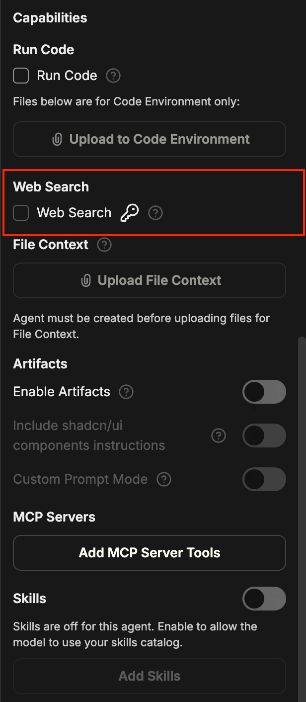Panel de Capabilities con la sección Web Search resaltada, que muestra la casilla de verificación de Web Search