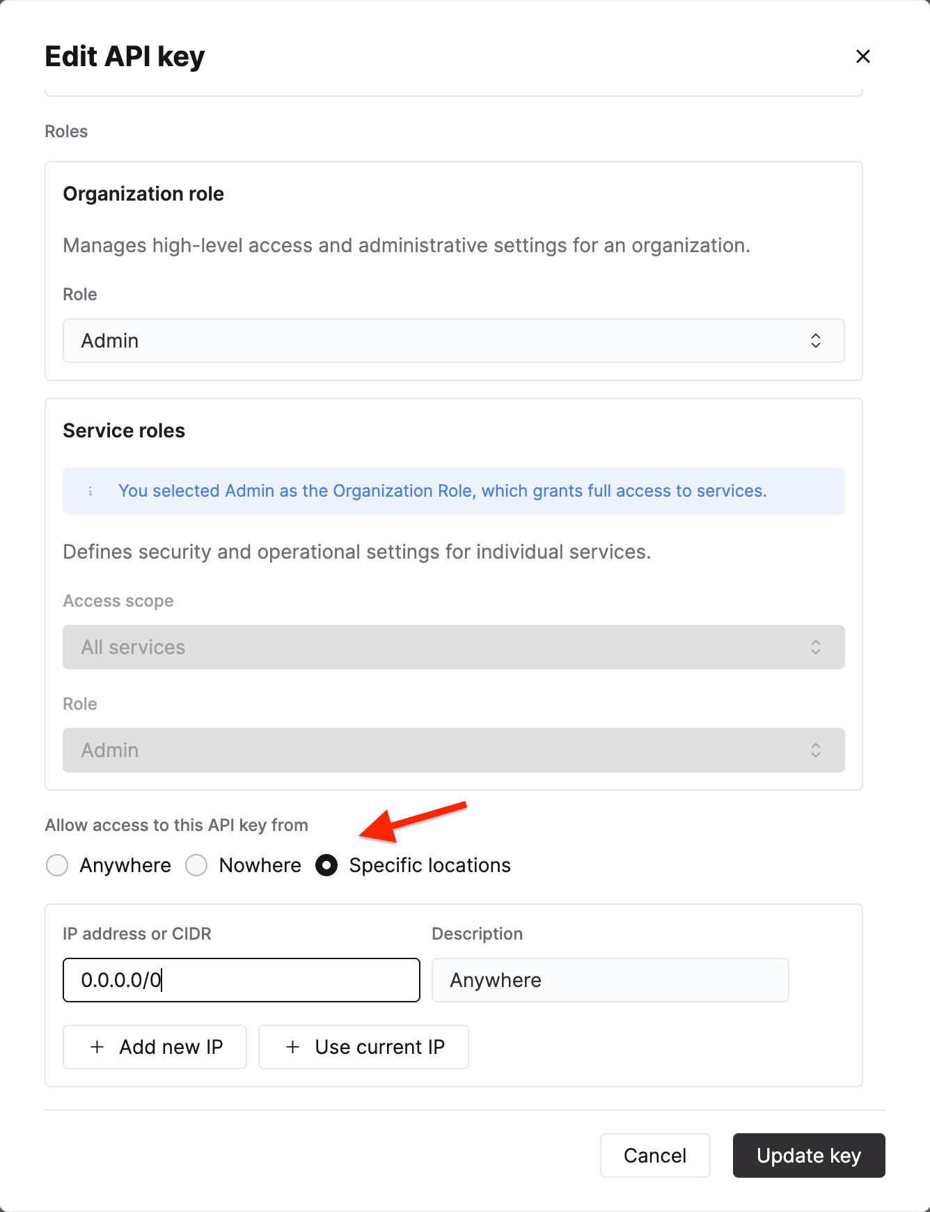 Endereços IP permitidos configurados para uma chave de API
