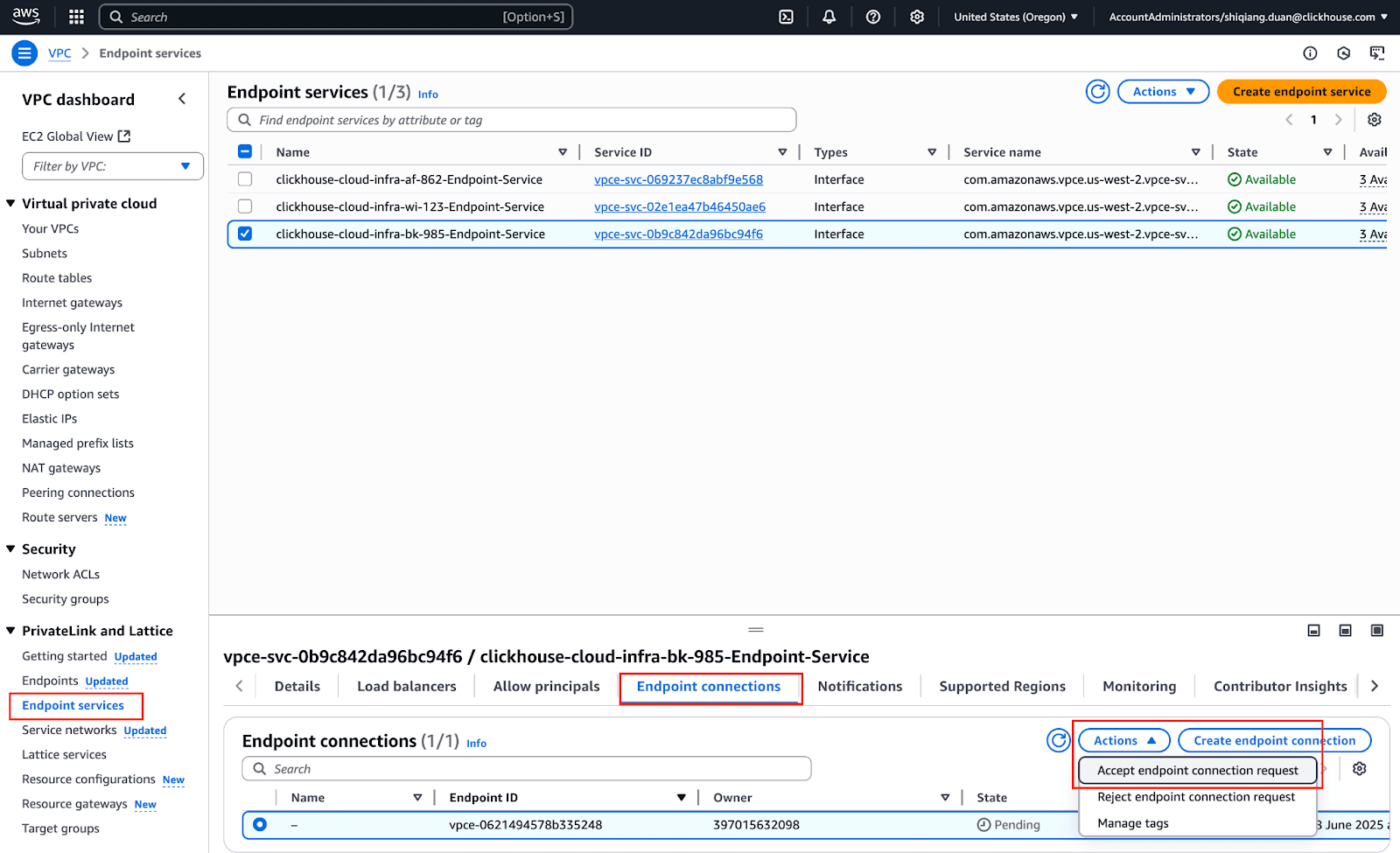 الموافقة على BYOC PrivateLink