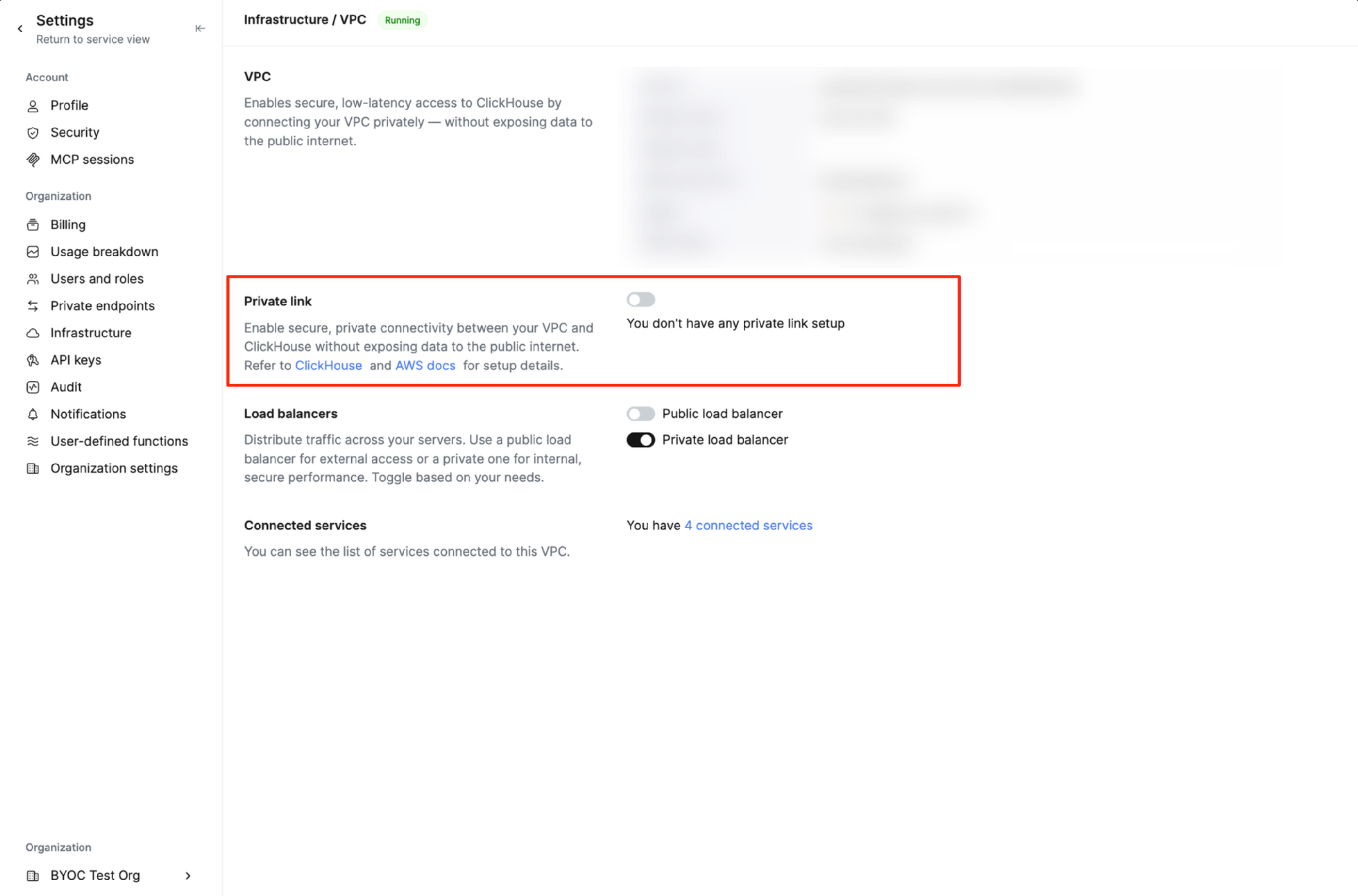 تمكين BYOC PrivateLink