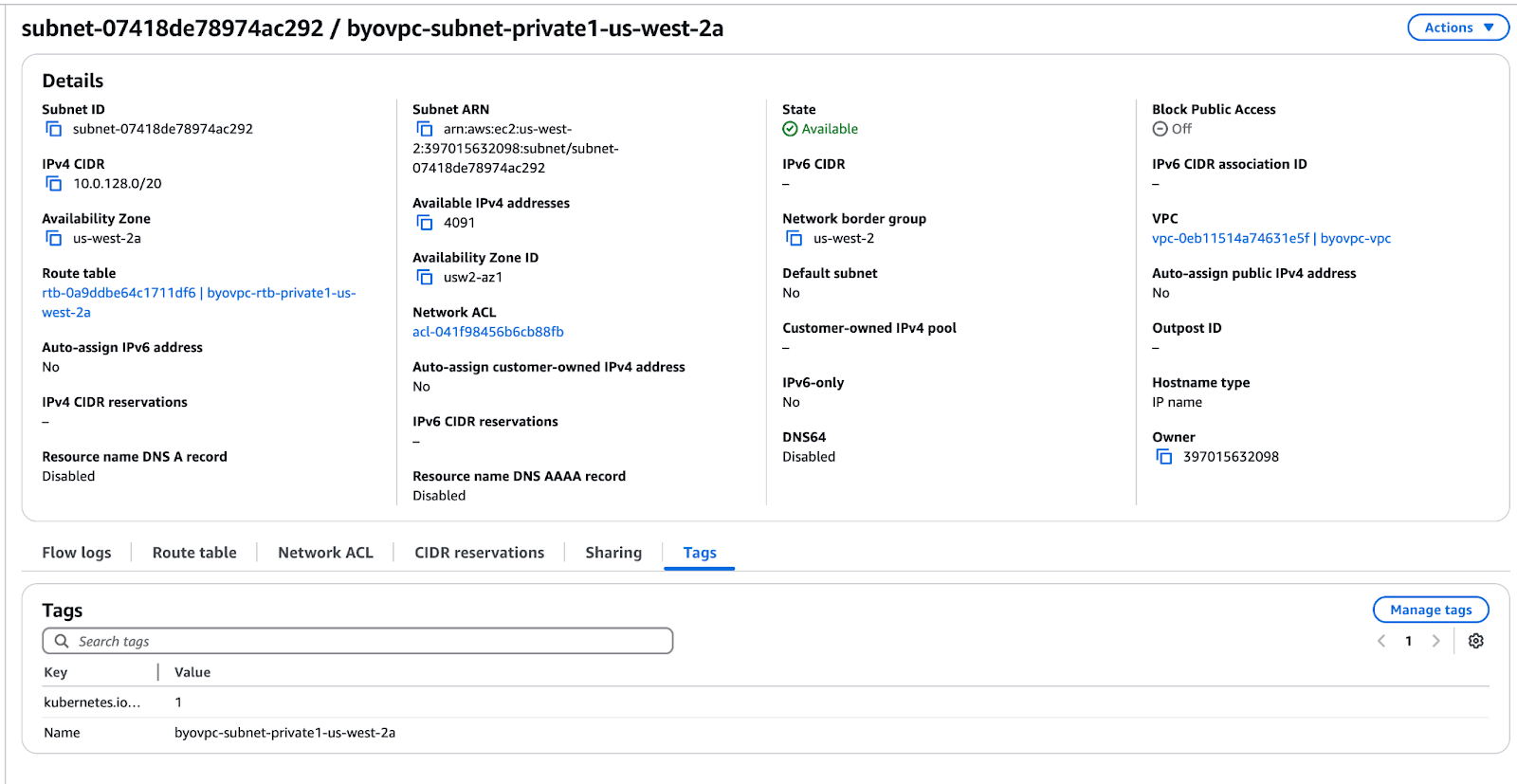 BYOC VPC Subnet