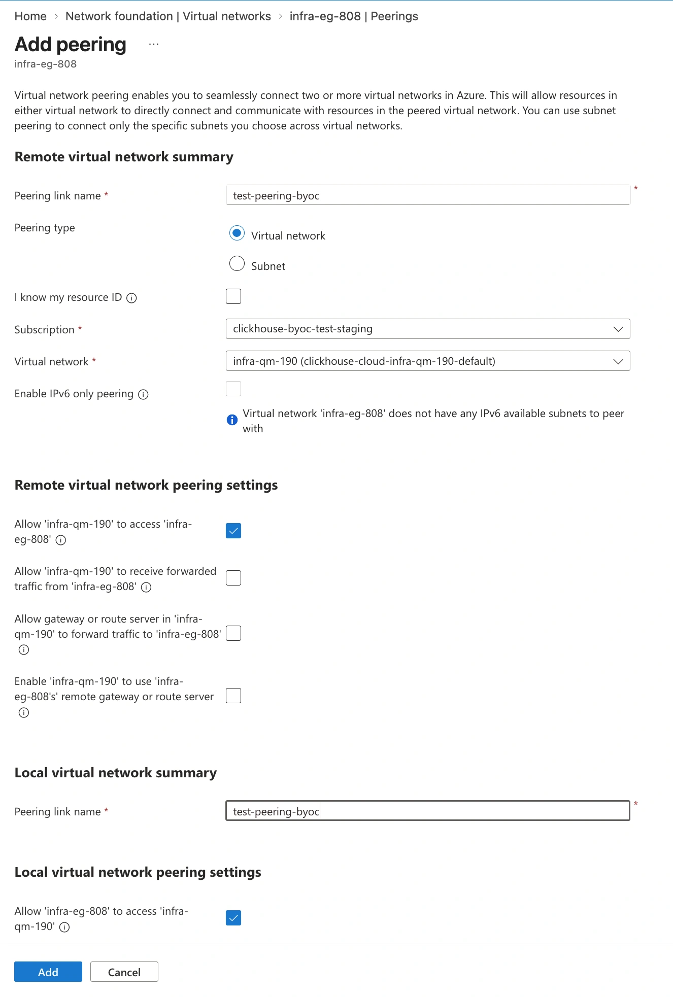 BYOC Configurer un peering de VNet