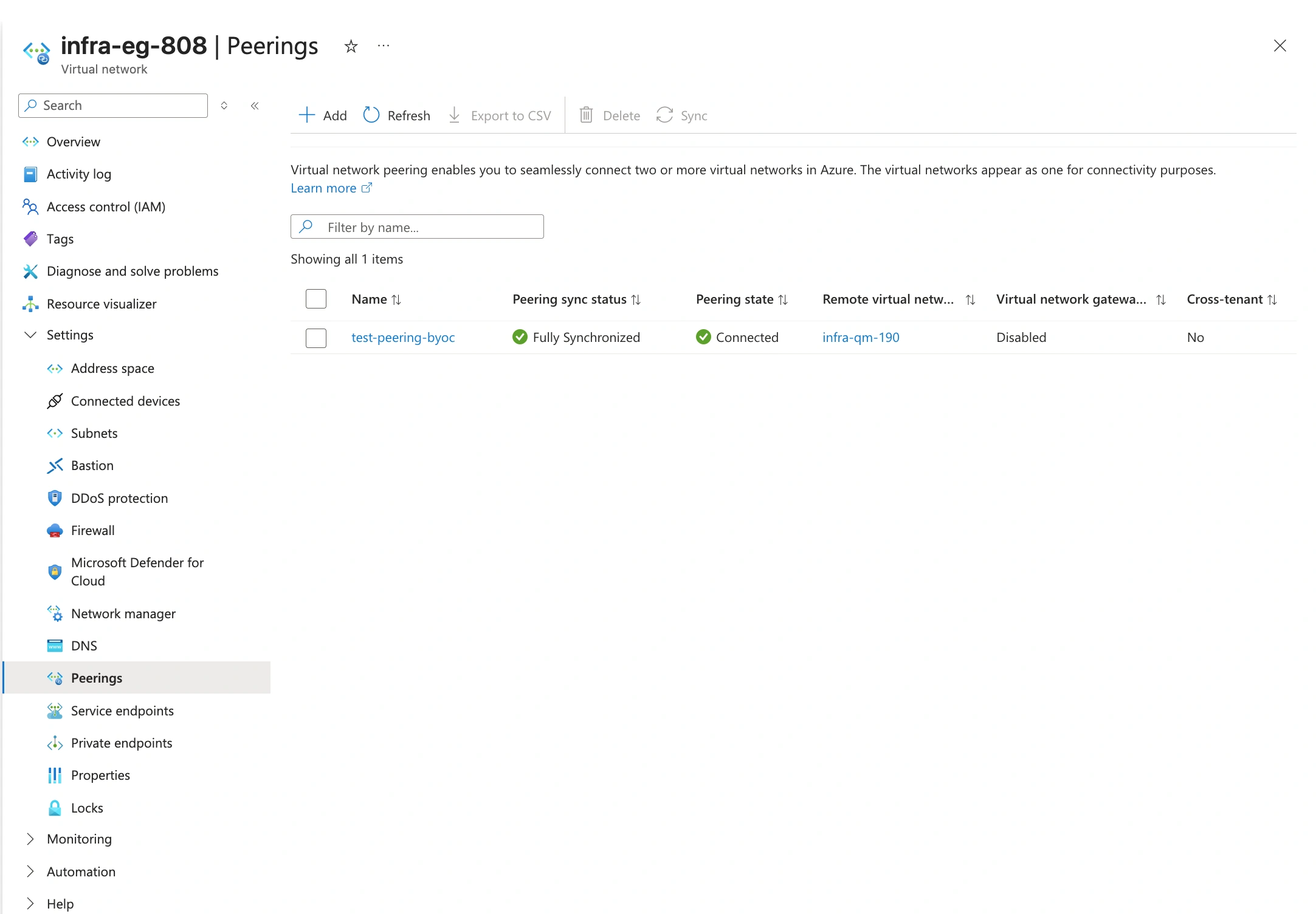 BYOC Vérifier le peering de VNet