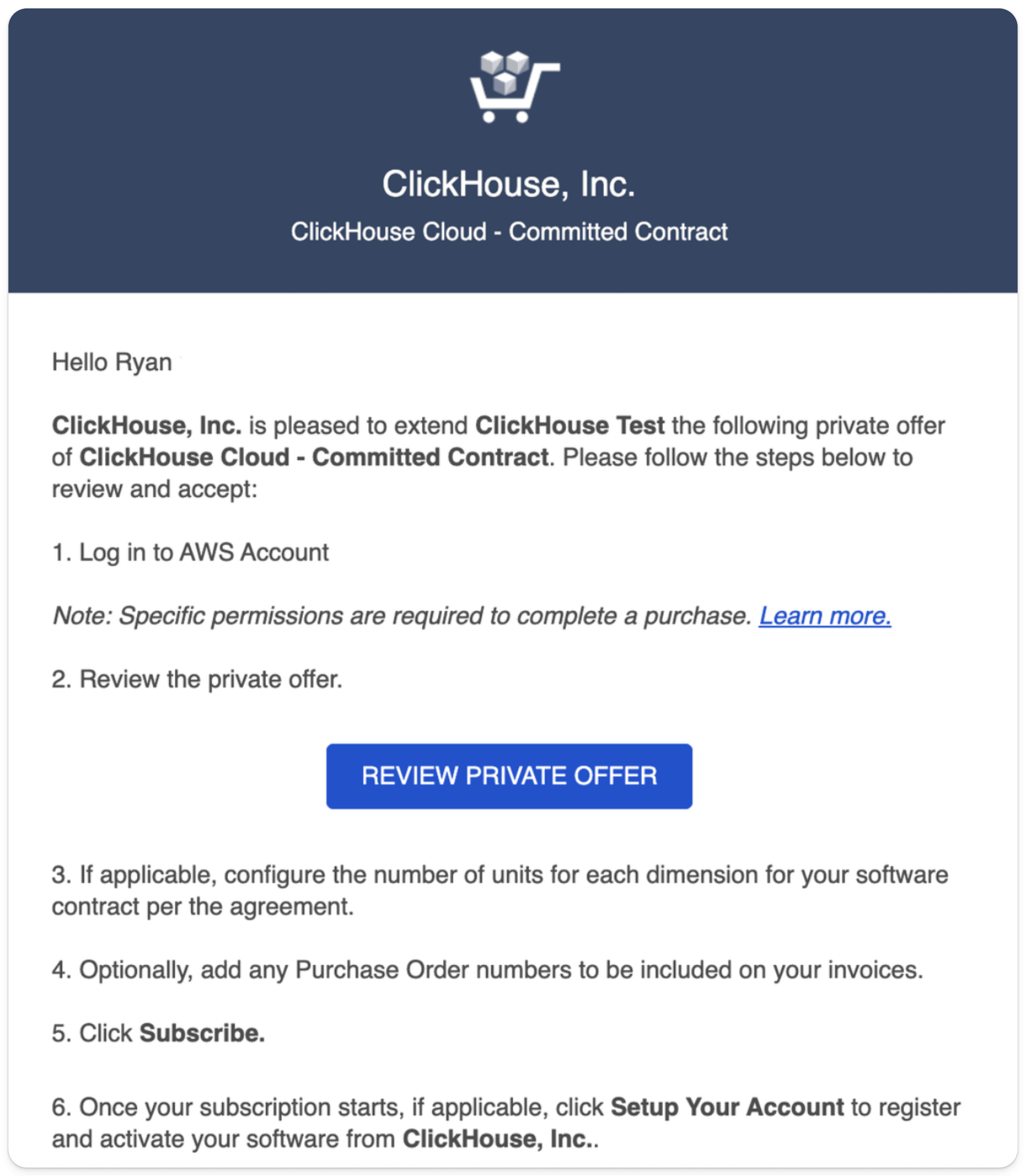 E-mail de Private Offer AWS Marketplace