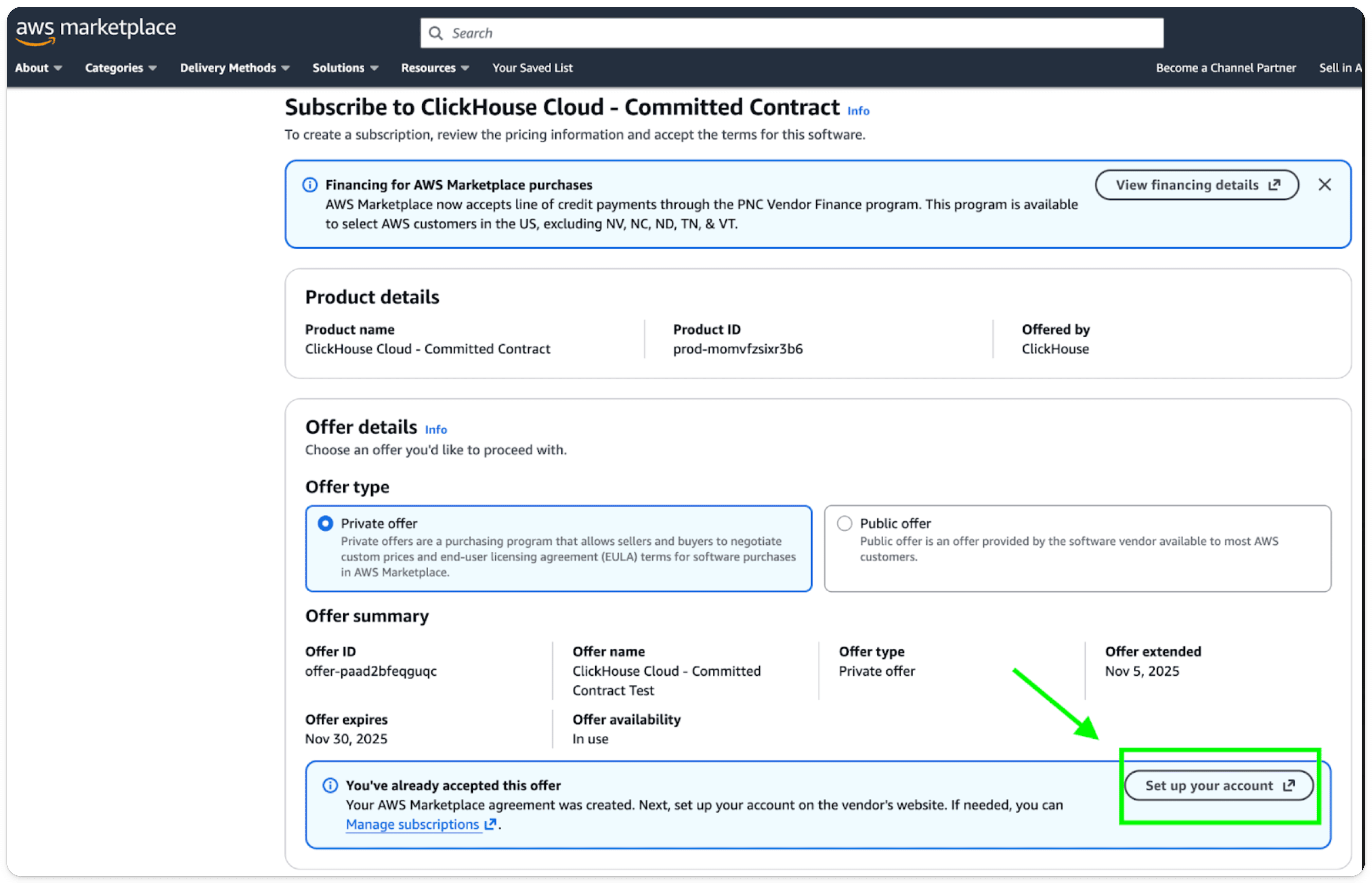 E-mail de Private Offer AWS Marketplace