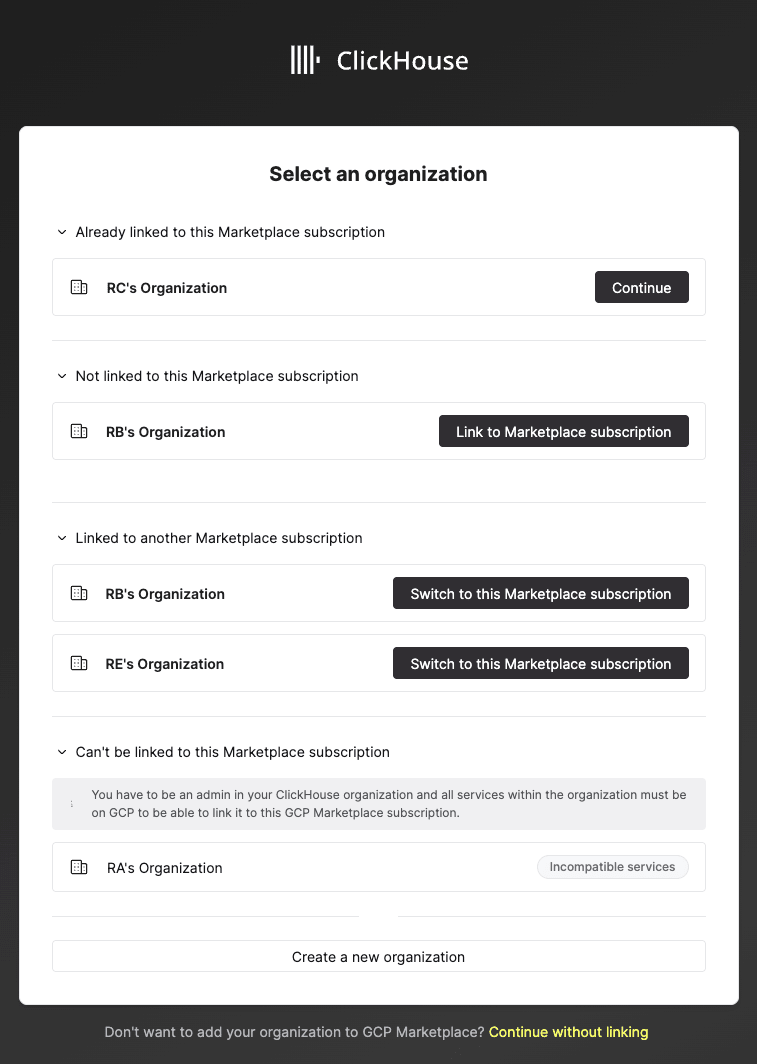 Créer ou sélectionner une organisation à facturer dans le cadre de cet abonnement