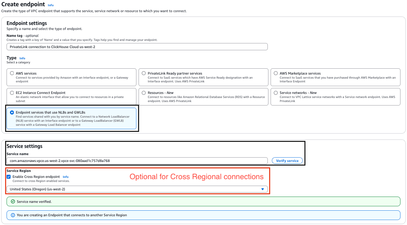 Paramètres de l’endpoint AWS PrivateLink