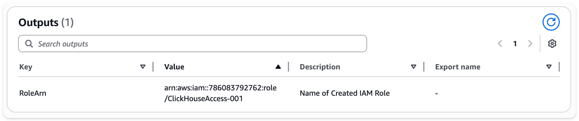 Salida de la pila de CloudFormation que muestra el ARN del rol de IAM