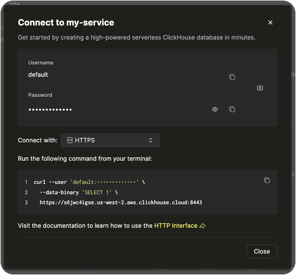 Кнопка Connect в консоли ClickHouse Cloud (тёмная тема)