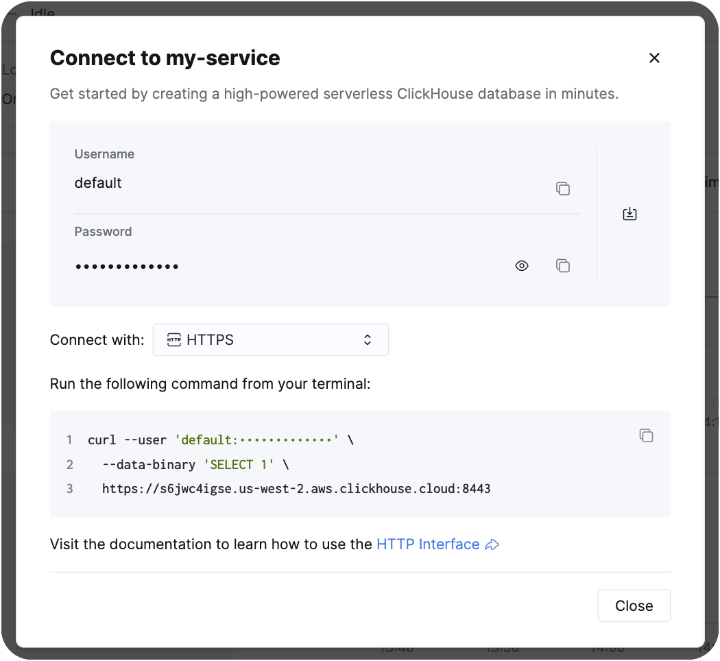 Кнопка Connect в консоли ClickHouse Cloud (светлая тема)