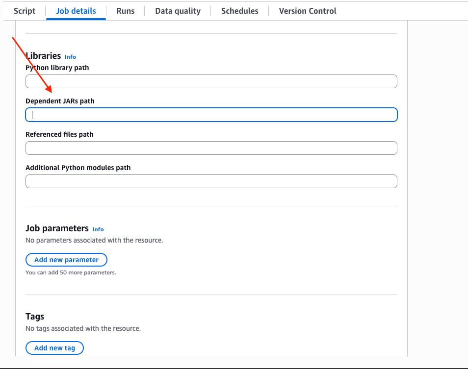 Opções de caminho de JAR do notebook do Glue