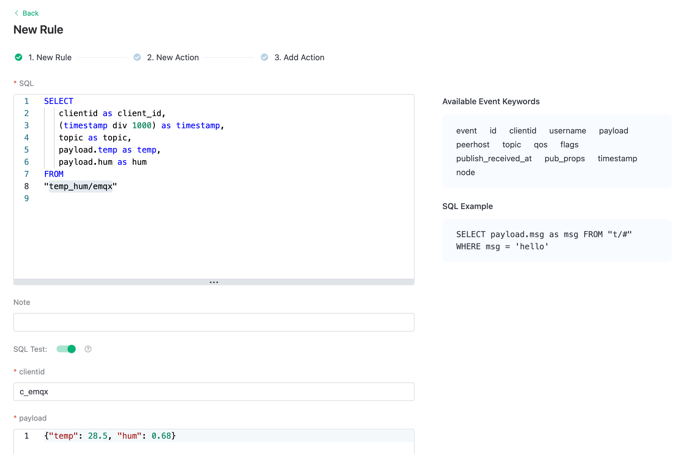 SQL 쿼리를 보여주는 EMQX Cloud Data Integration 규칙 생성 1단계