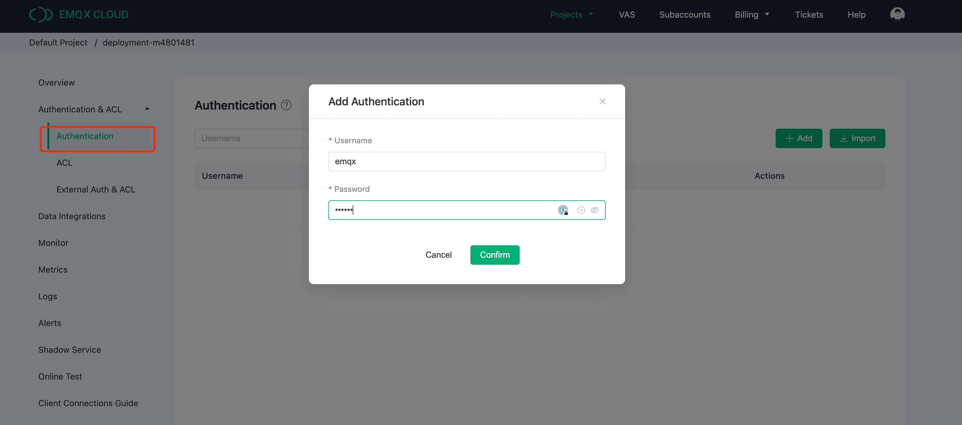 자격 증명을 추가하기 위한 EMQX Cloud Authentication Setup 인터페이스
