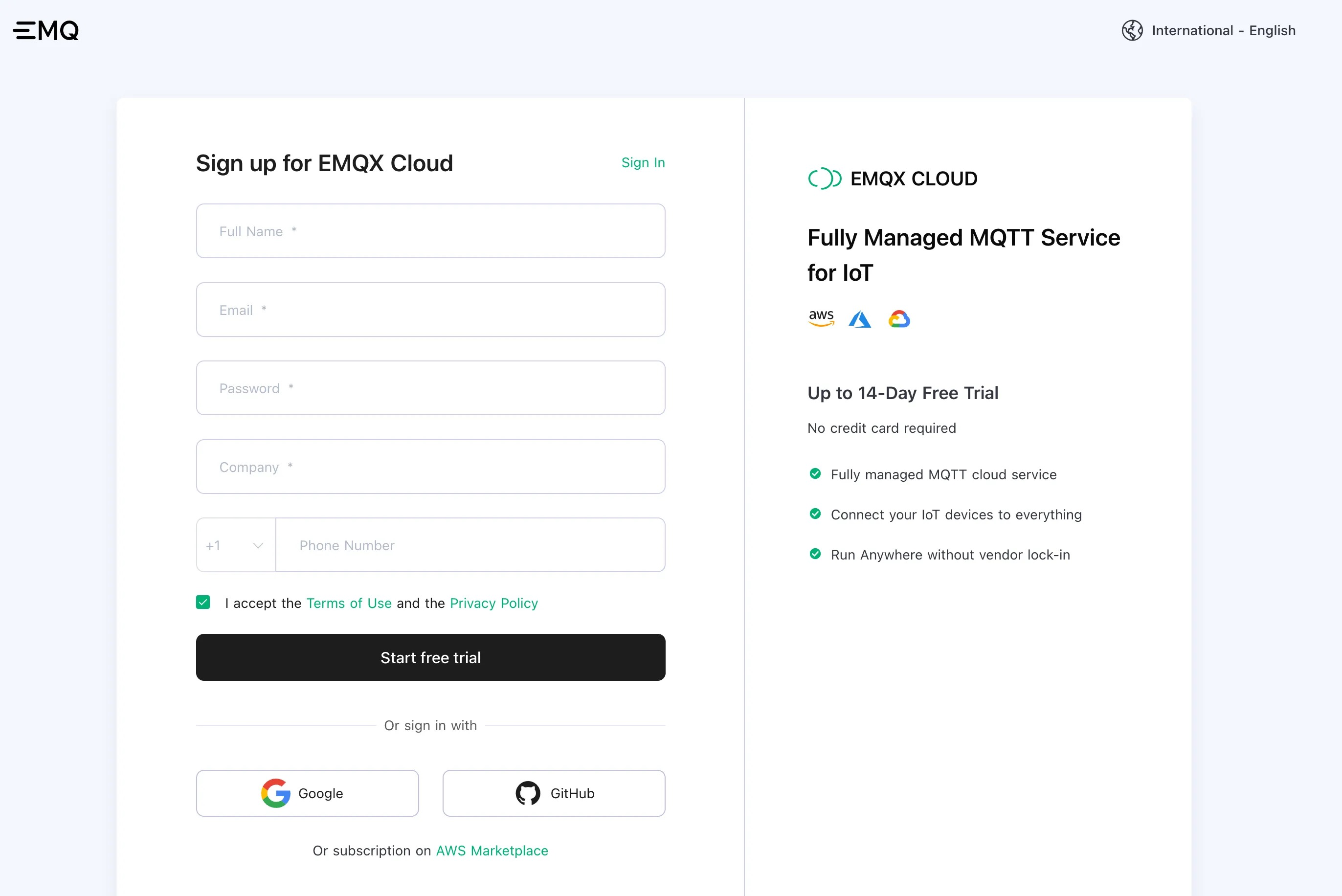 등록 양식이 있는 EMQX Cloud 가입 페이지