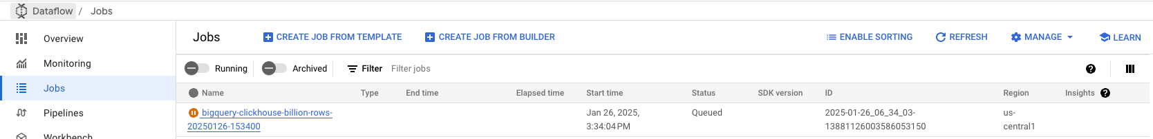 Console do Dataflow mostrando um job do BigQuery para o ClickHouse em execução