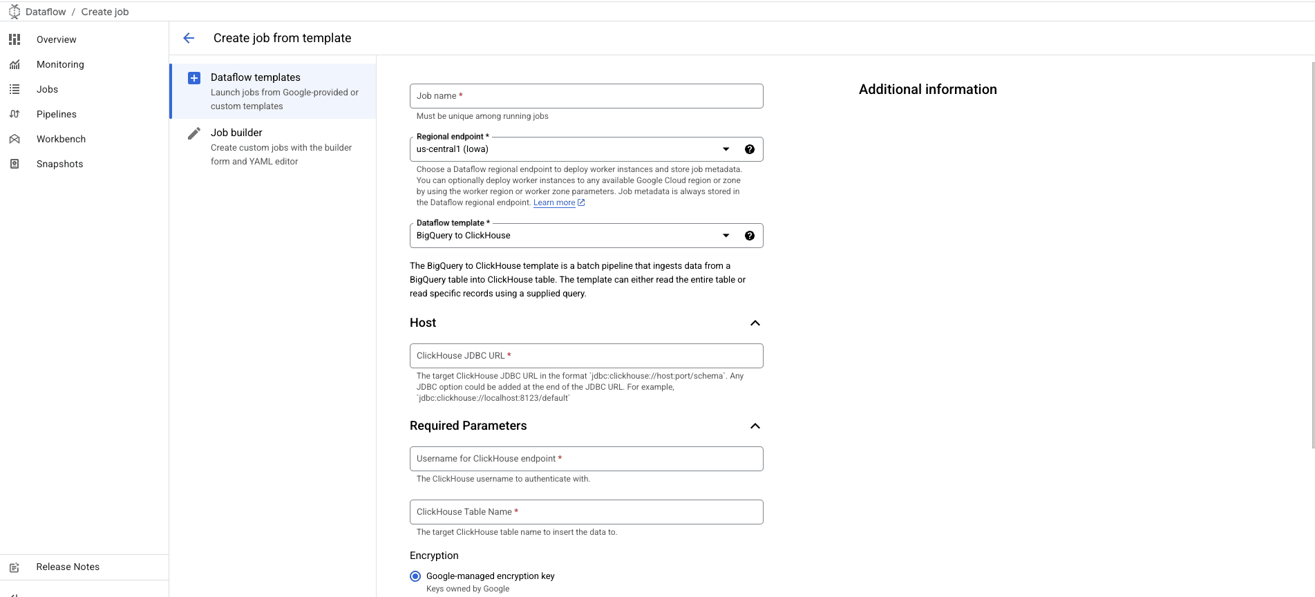 formulário expandido do template BigQuery para ClickHouse