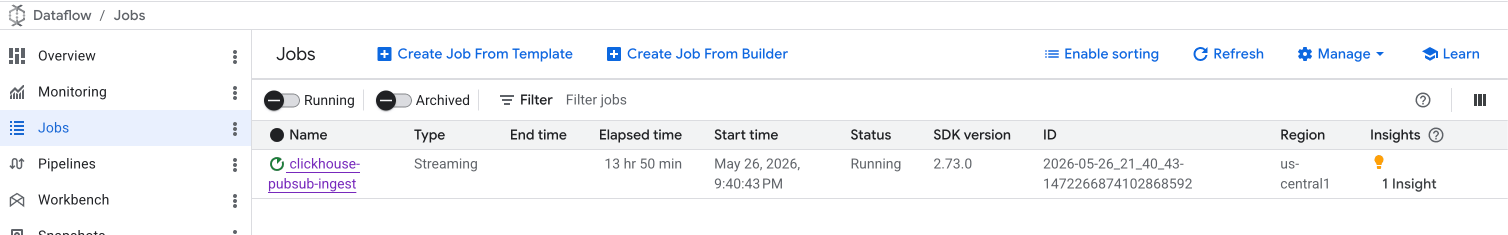 Console do Dataflow mostrando um job do Pub/Sub para ClickHouse em execução