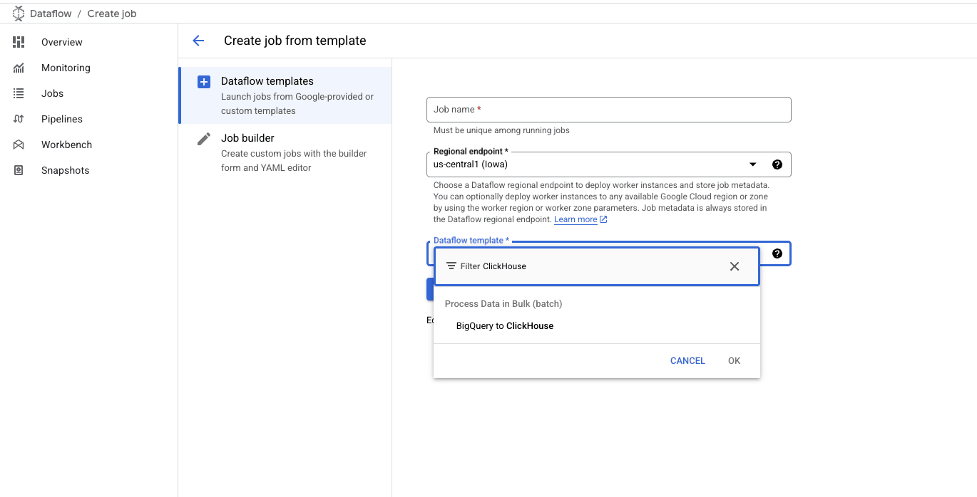 Selecionar template BigQuery para ClickHouse