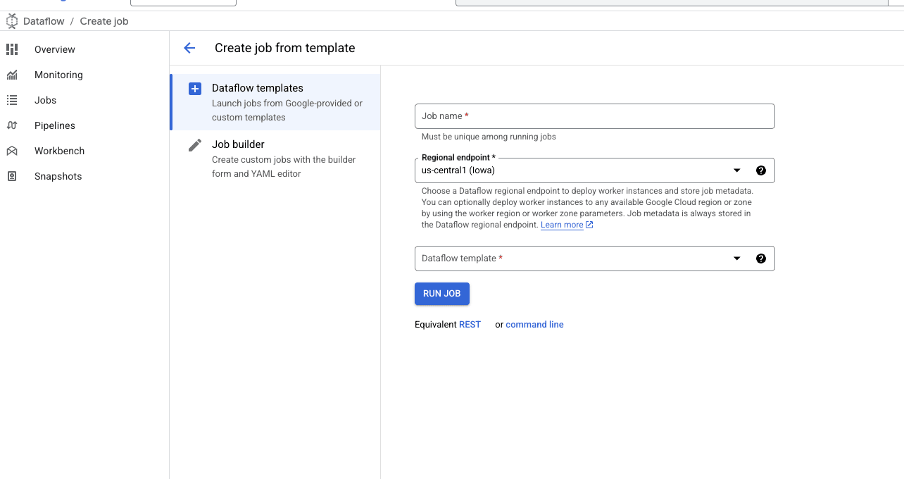 formulário inicial do template do DataFlow