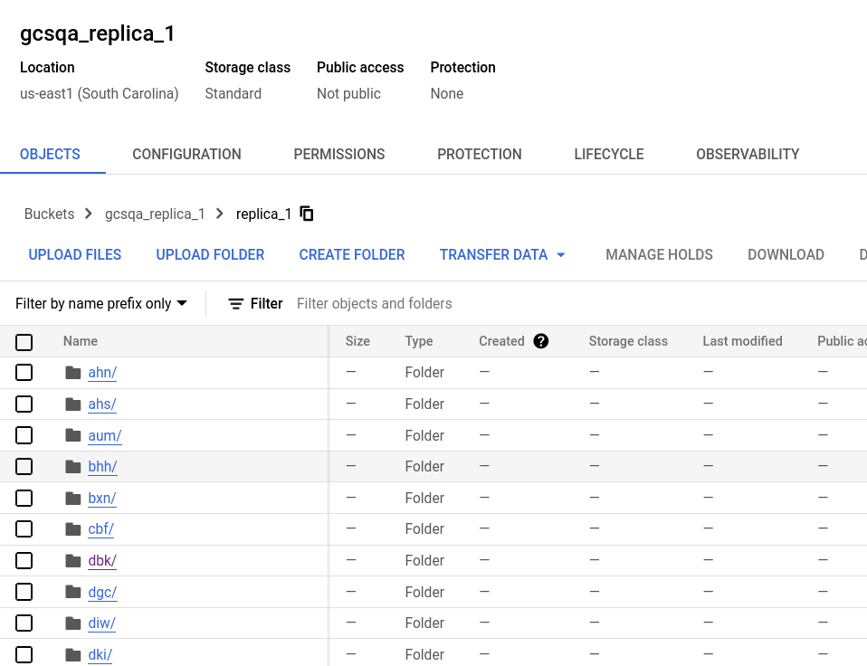 Replica one bucket in Google Cloud Storage showing folder structure with data partitions