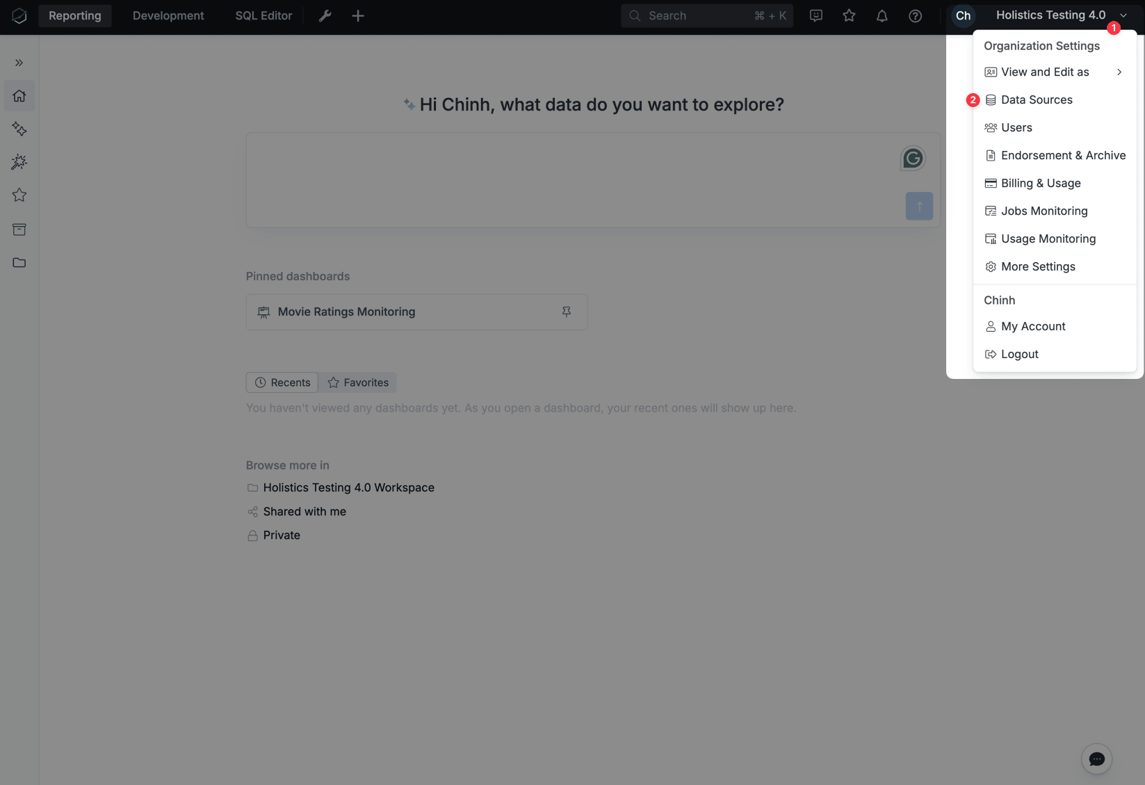Navigating to Data Sources in Holistics settings