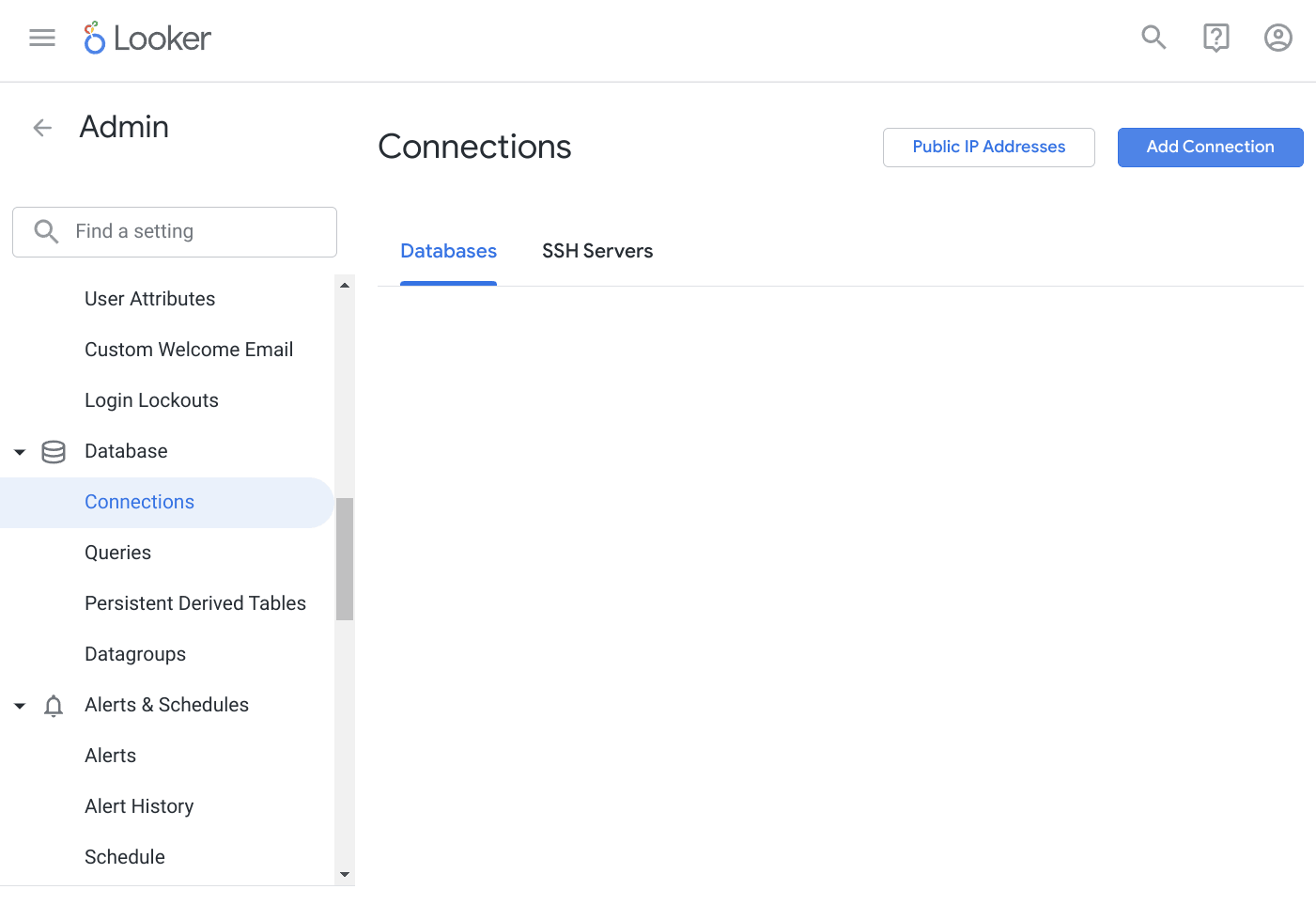 Looker のデータベース管理インターフェイスで新しい接続を追加する