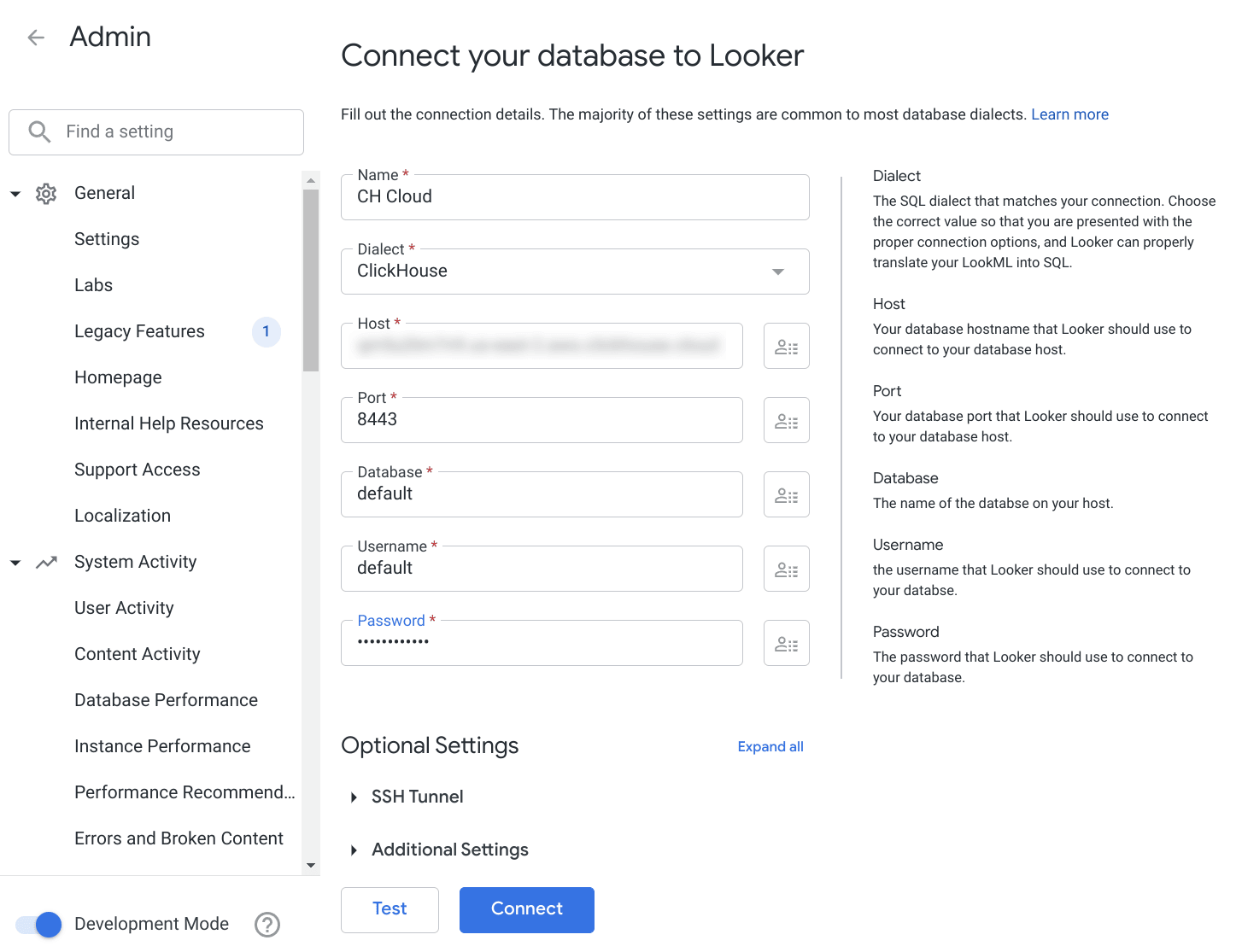 Looker の接続フォームで ClickHouse の認証情報を指定する