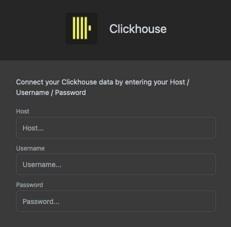 Formulario de configuración de conexión de Luzmo que muestra campos para el host, el nombre de usuario y la contraseña de ClickHouse