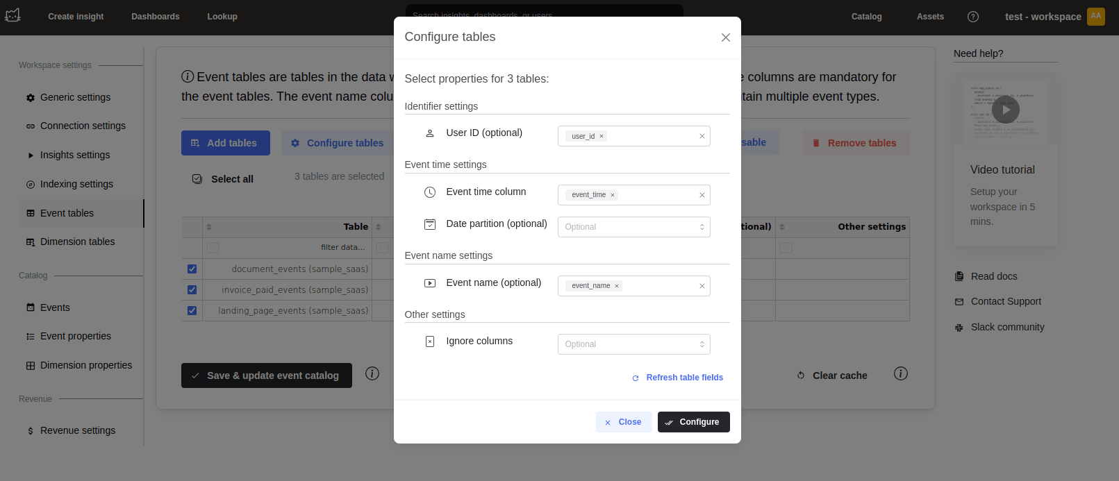 Mitzu event catalog configuration showing column mapping options