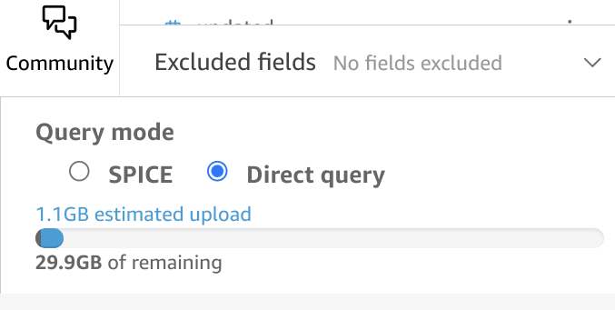 QuickSight interface with Direct Query mode option highlighted in bottom corner
