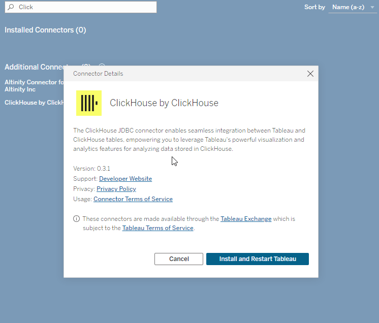 ClickHouse JDBC コネクタの詳細とインストールボタンを示す Tableau のコネクタインストールダイアログ